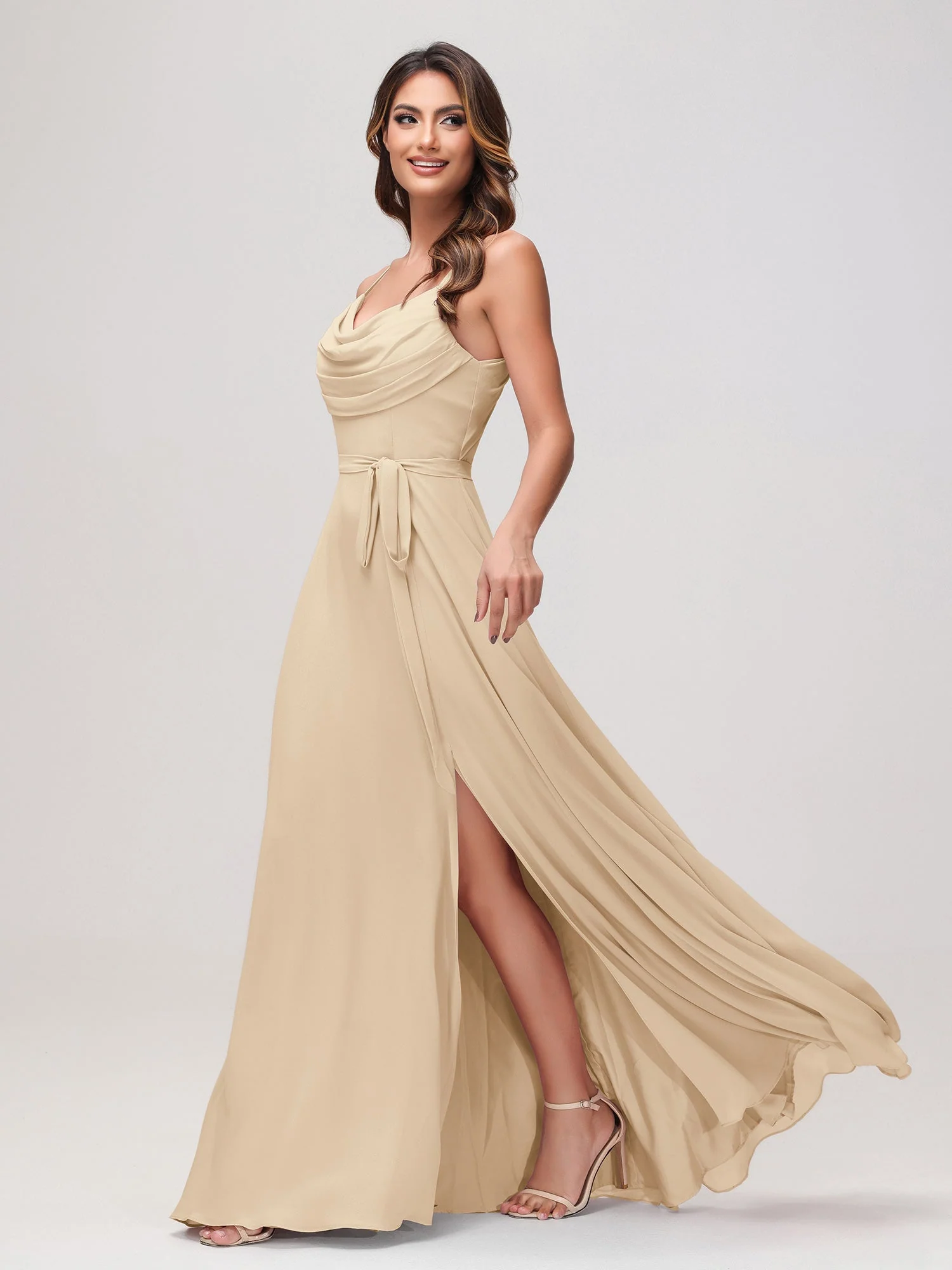Sexy Rundhalsausschnitt Rüschen Chiffon Lang Kleid mit Schlitz Champagner - Image 3