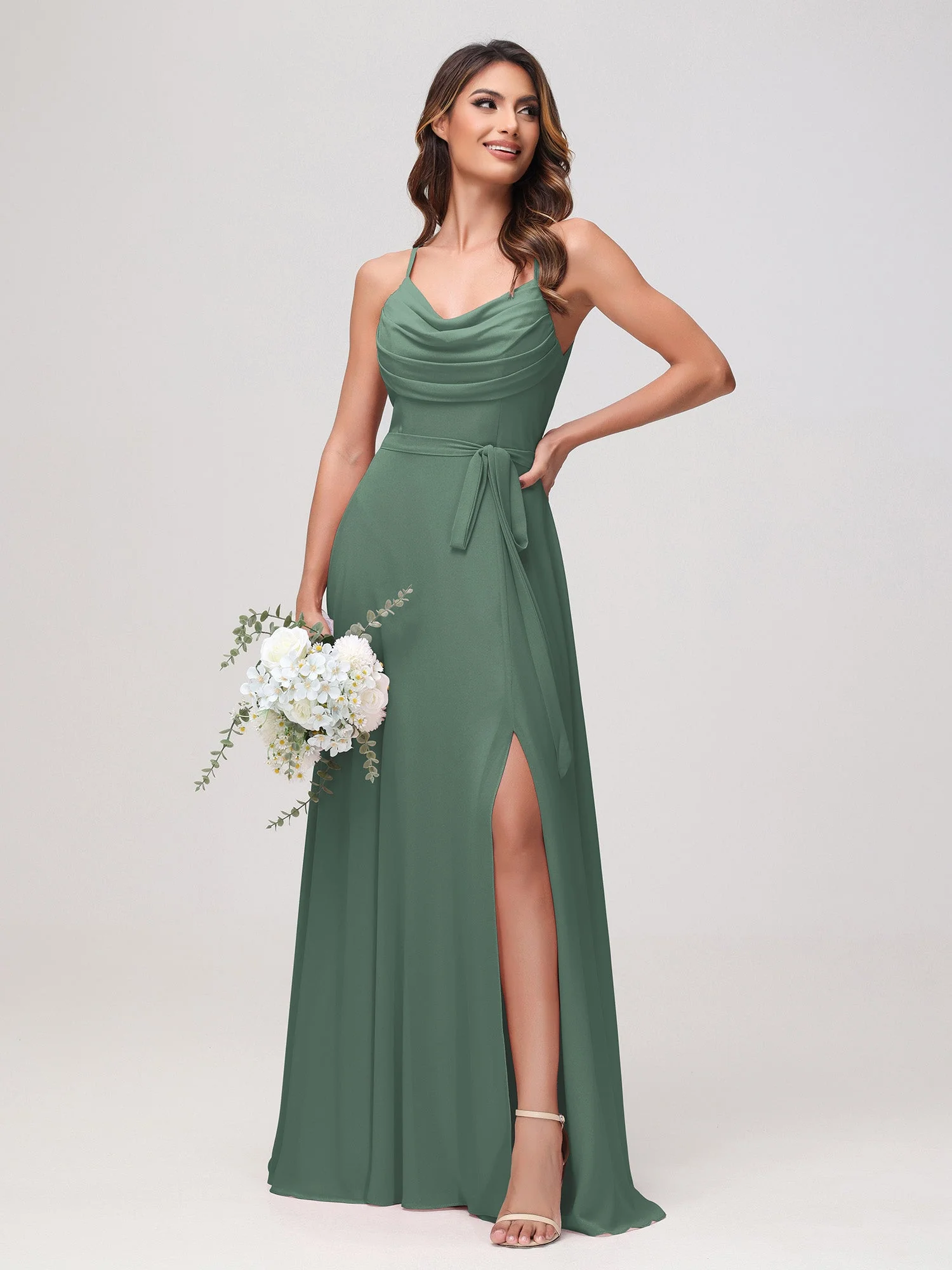 Sexy Rundhalsausschnitt Rüschen Chiffon Lang Kleid mit Schlitz Eukalyptus