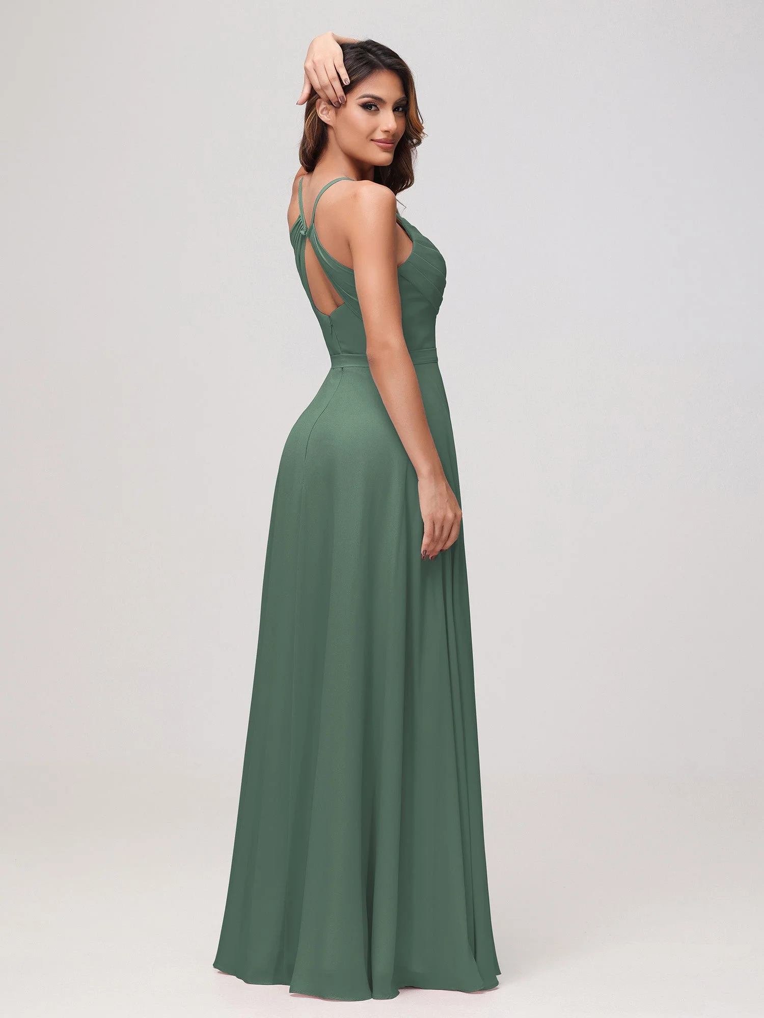 Sexy Rundhalsausschnitt Rüschen Chiffon Lang Kleid mit Schlitz Eukalyptus - Image 2