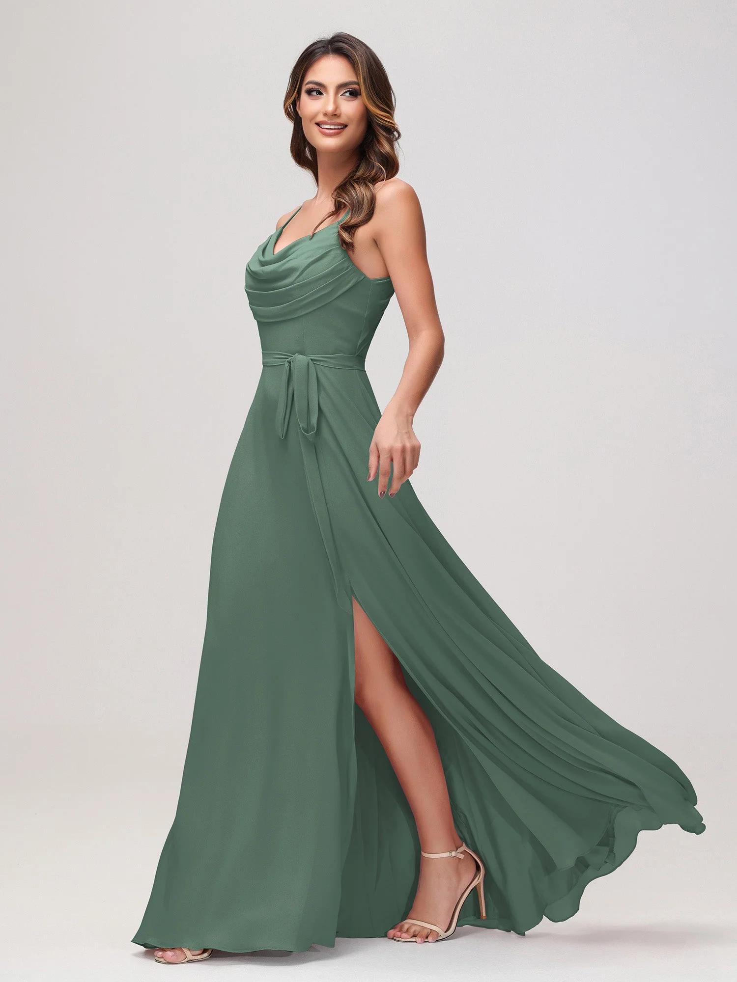 Sexy Rundhalsausschnitt Rüschen Chiffon Lang Kleid mit Schlitz Eukalyptus - Image 3