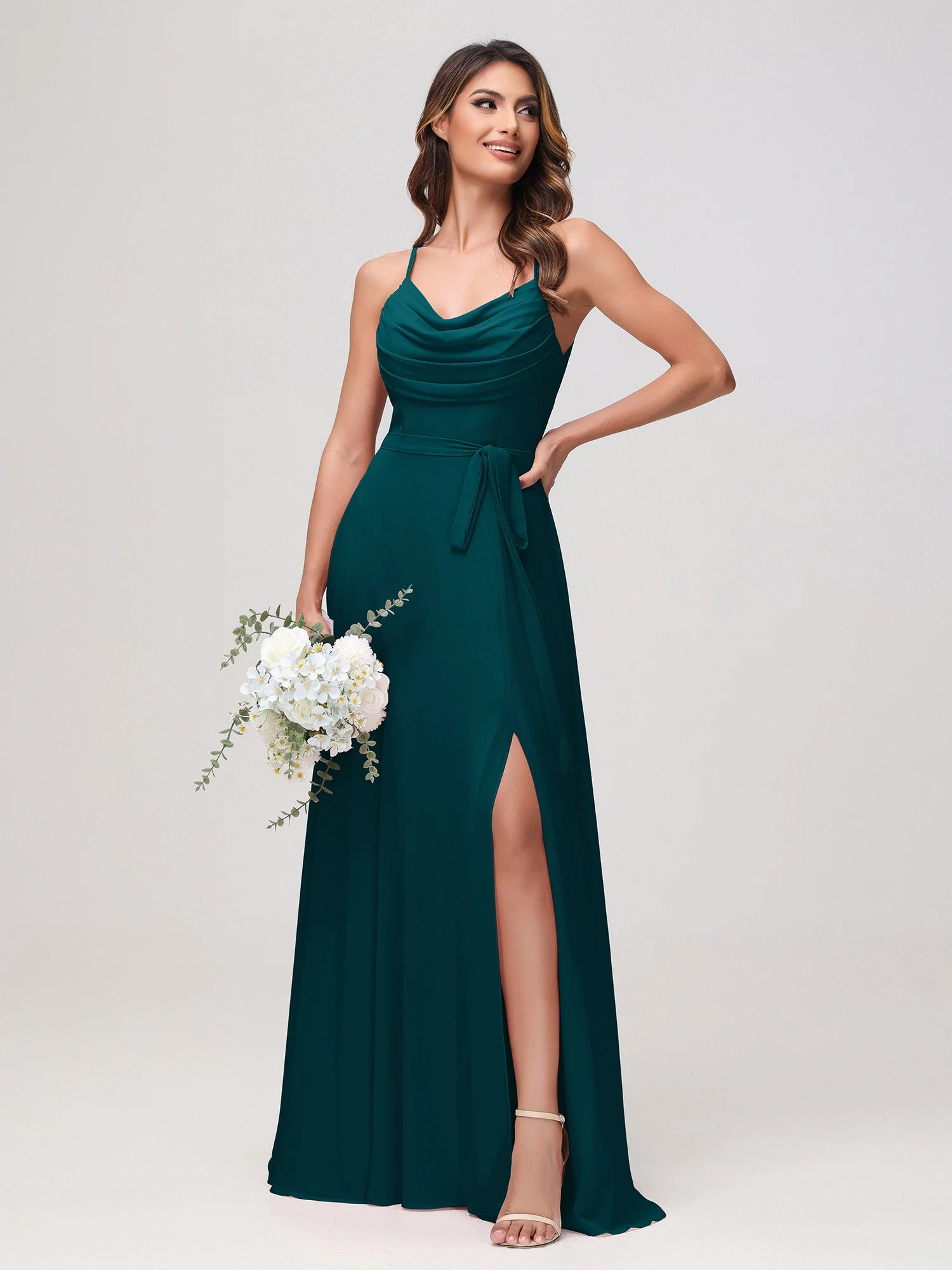 Sexy Rundhalsausschnitt Rüschen Chiffon Lang Kleid mit Schlitz Kieferngrün