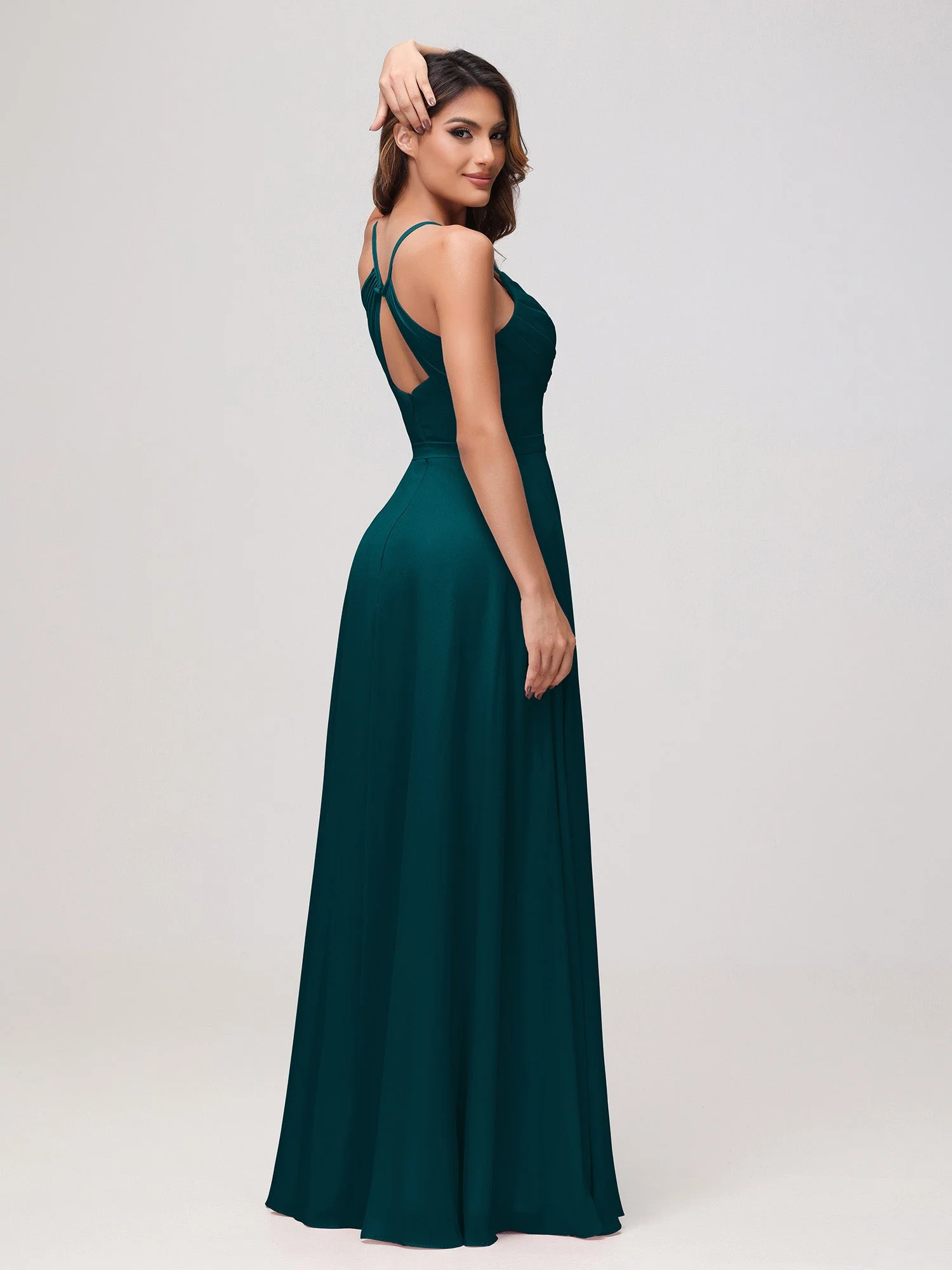 Sexy Rundhalsausschnitt Rüschen Chiffon Lang Kleid mit Schlitz Kieferngrün - Image 2