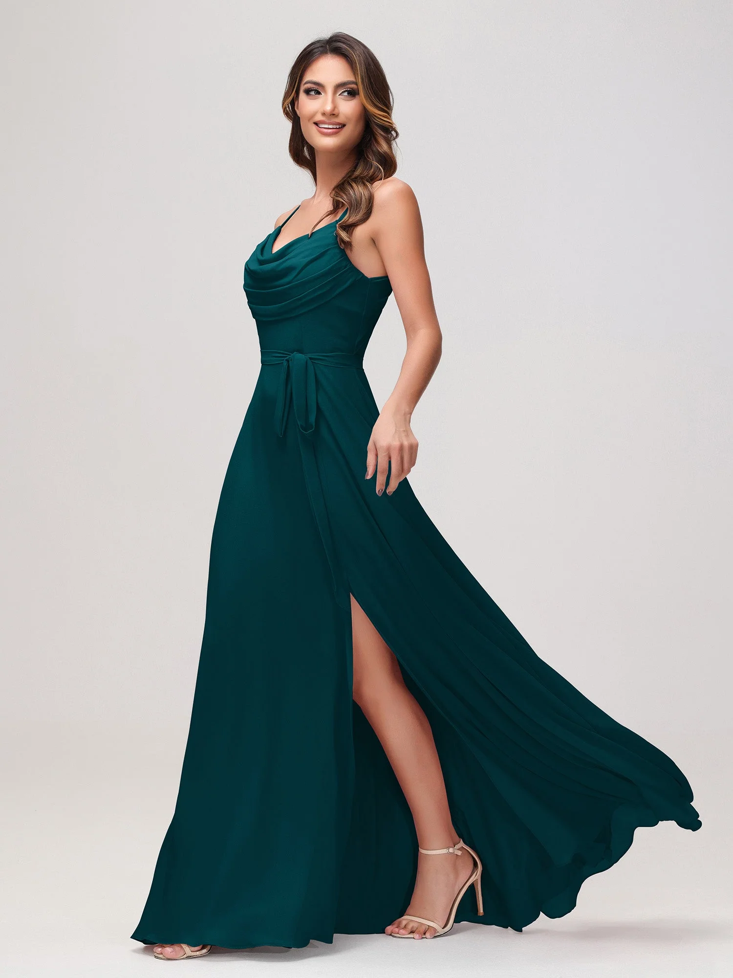 Sexy Rundhalsausschnitt Rüschen Chiffon Lang Kleid mit Schlitz Kieferngrün - Image 3