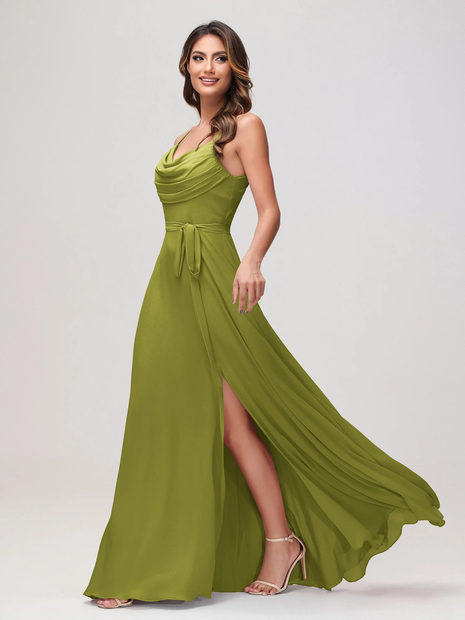 Sexy Rundhalsausschnitt Rüschen Chiffon Lang Kleid mit Schlitz Kleegrün - Image 3