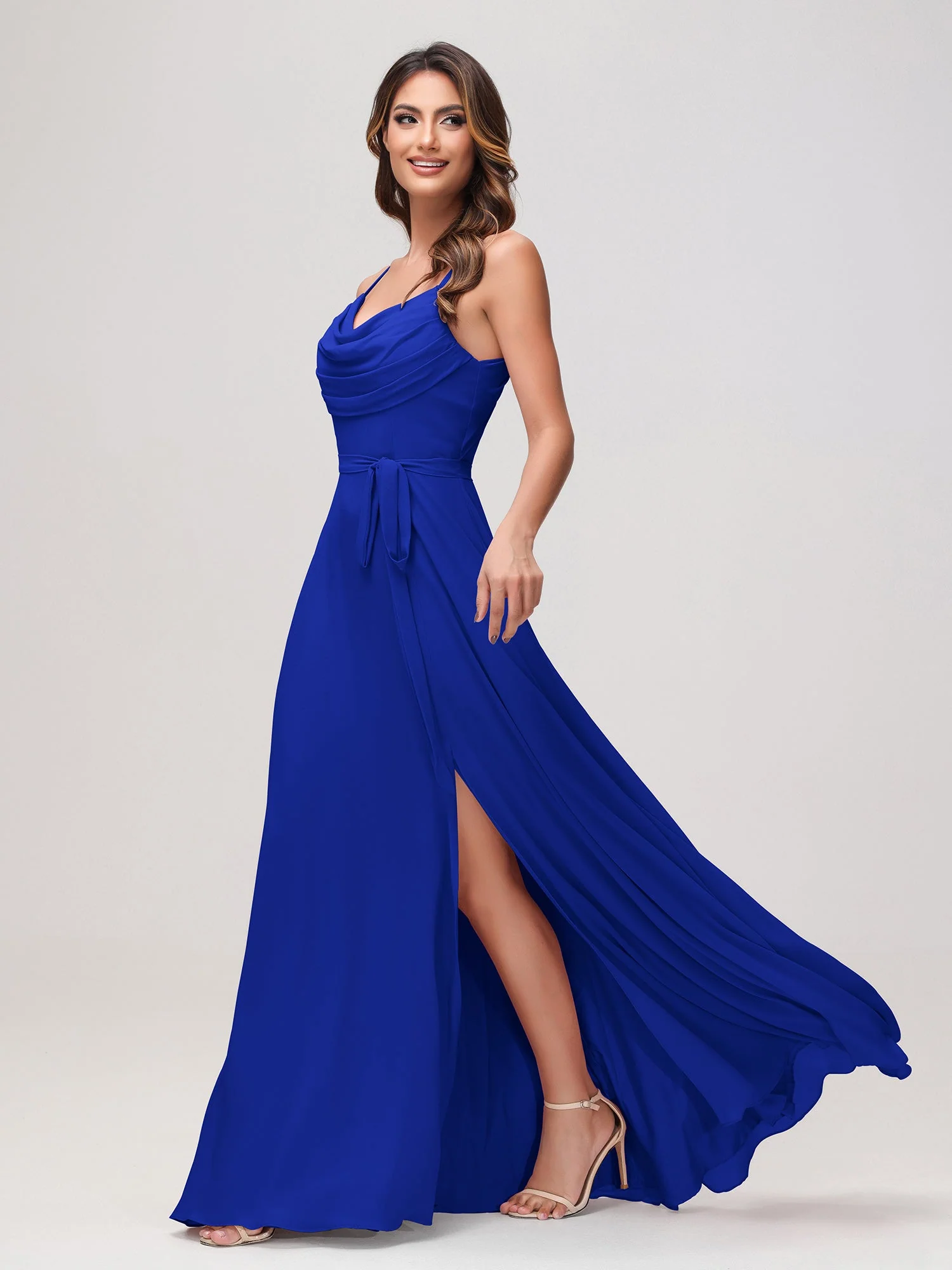 Sexy Rundhalsausschnitt Rüschen Chiffon Lang Kleid mit Schlitz Königsblau - Image 3