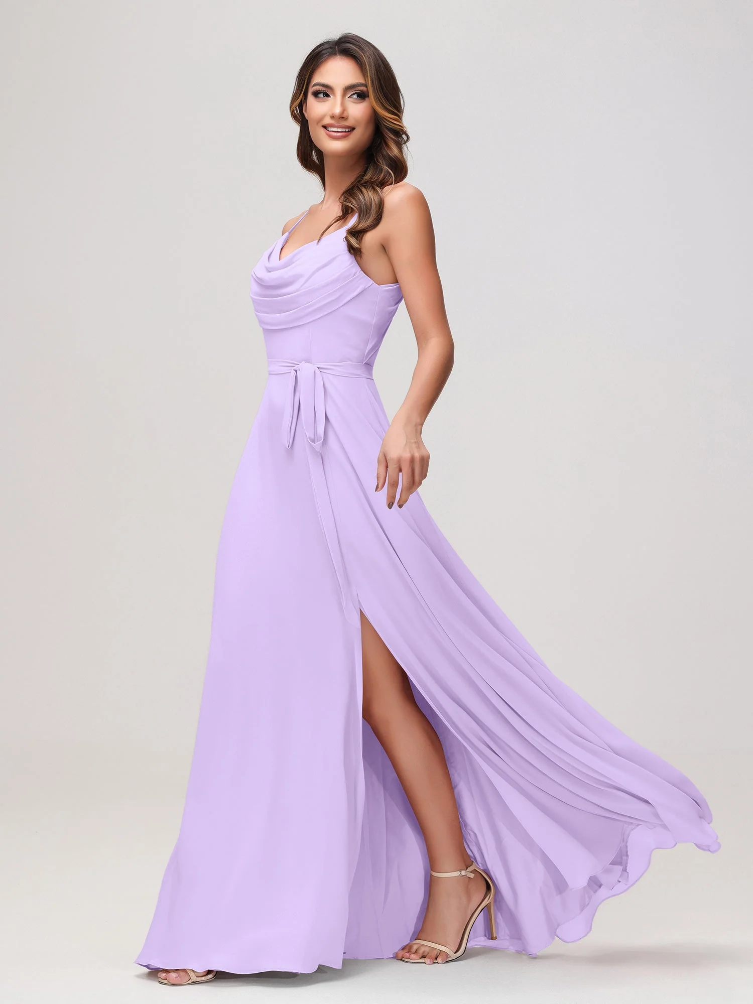 Sexy Rundhalsausschnitt Rüschen Chiffon Lang Kleid mit Schlitz Lila - Image 3