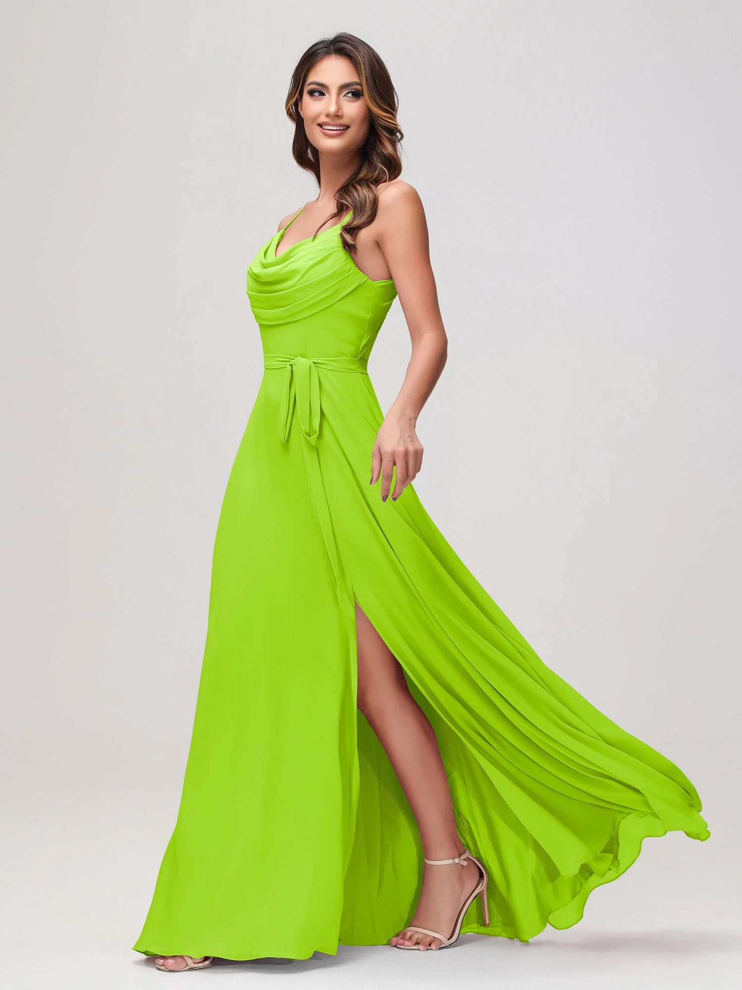Sexy Rundhalsausschnitt Rüschen Chiffon Lang Kleid mit Schlitz Lindgrün - Image 3
