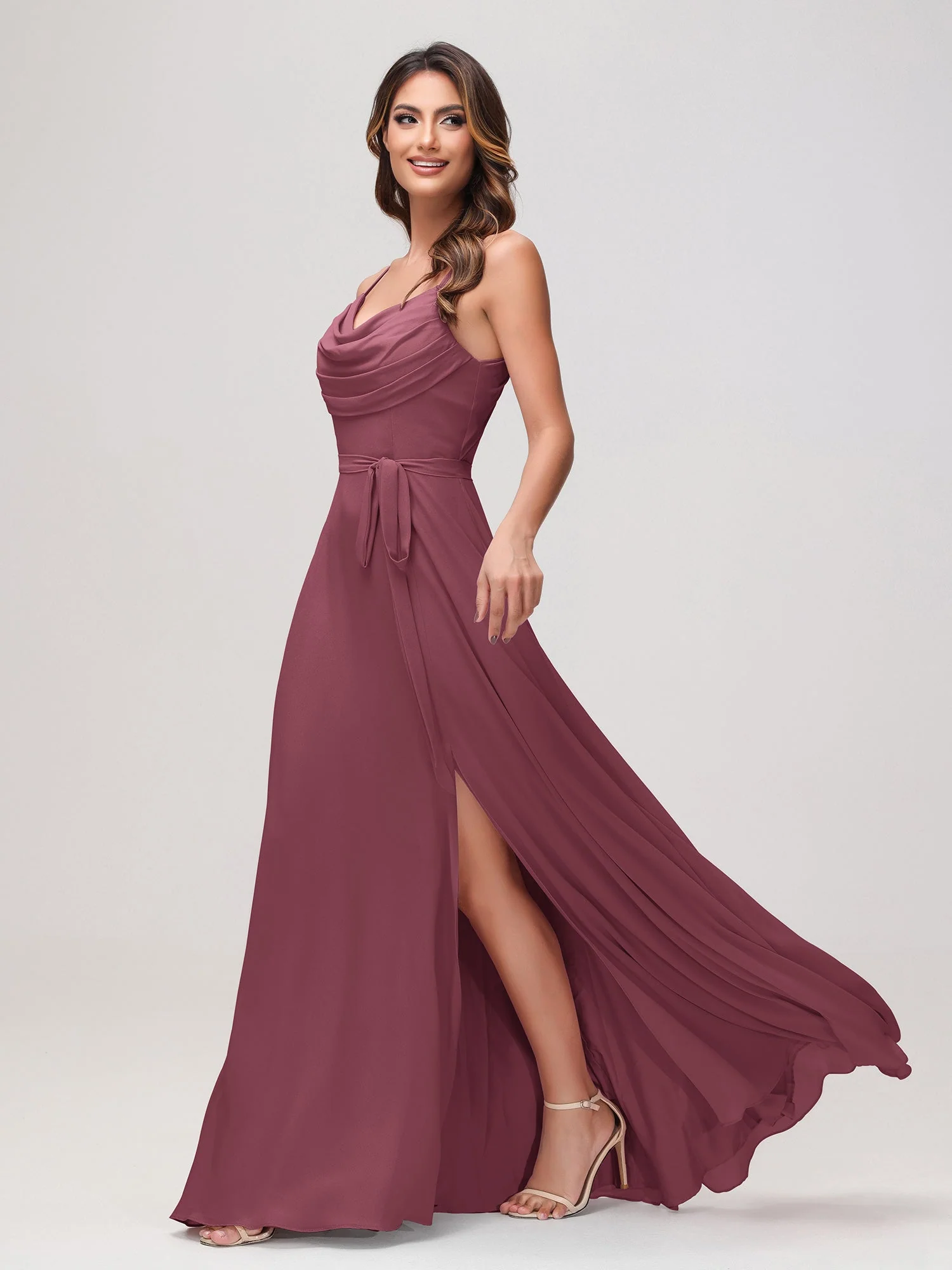 Sexy Rundhalsausschnitt Rüschen Chiffon Lang Kleid mit Schlitz Maulbeere - Image 3