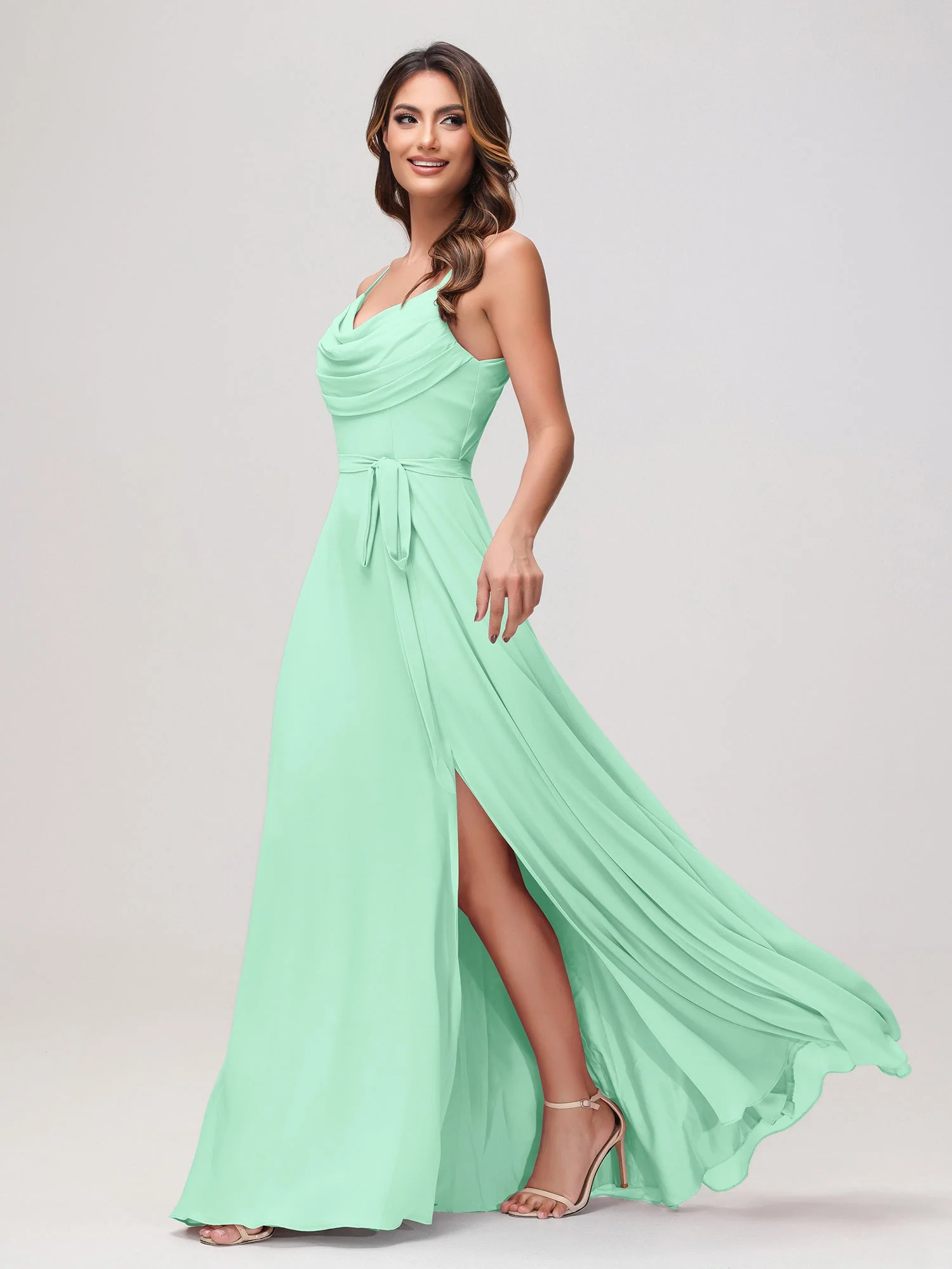 Sexy Rundhalsausschnitt Rüschen Chiffon Lang Kleid mit Schlitz Minzgrün - Image 3