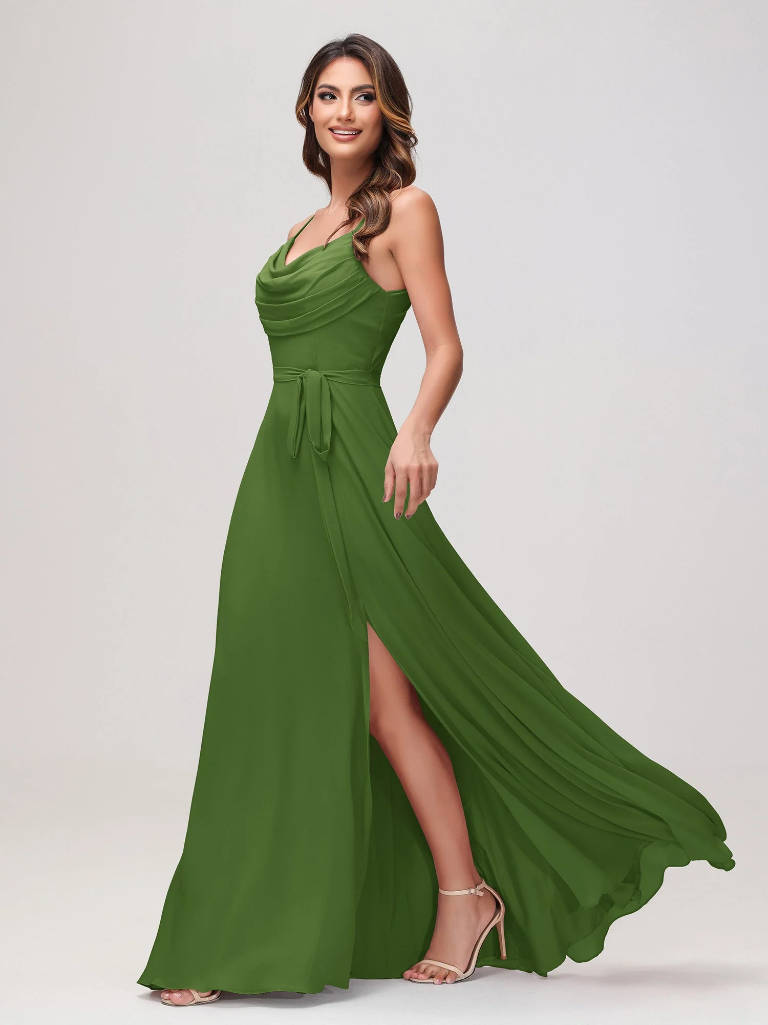 Sexy Rundhalsausschnitt Rüschen Chiffon Lang Kleid mit Schlitz Moos - Image 3