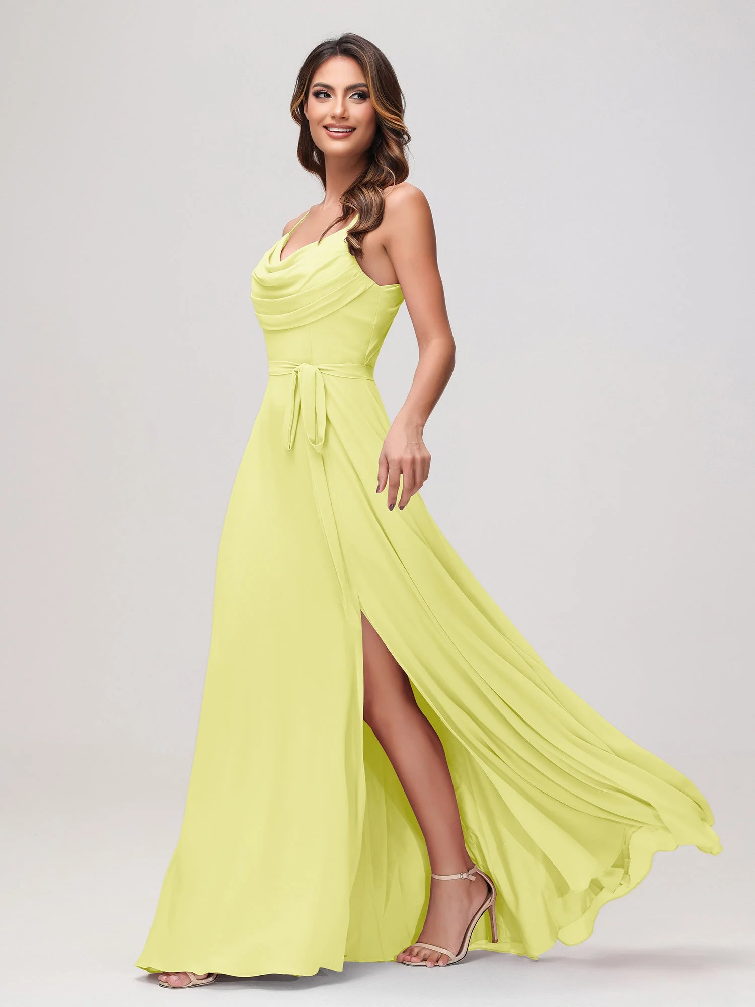 Sexy Rundhalsausschnitt Rüschen Chiffon Lang Kleid mit Schlitz Narzisse - Image 3