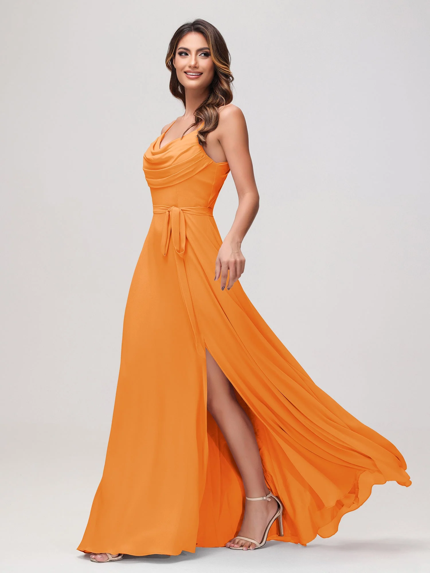 Sexy Rundhalsausschnitt Rüschen Chiffon Lang Kleid mit Schlitz Orange - Image 3