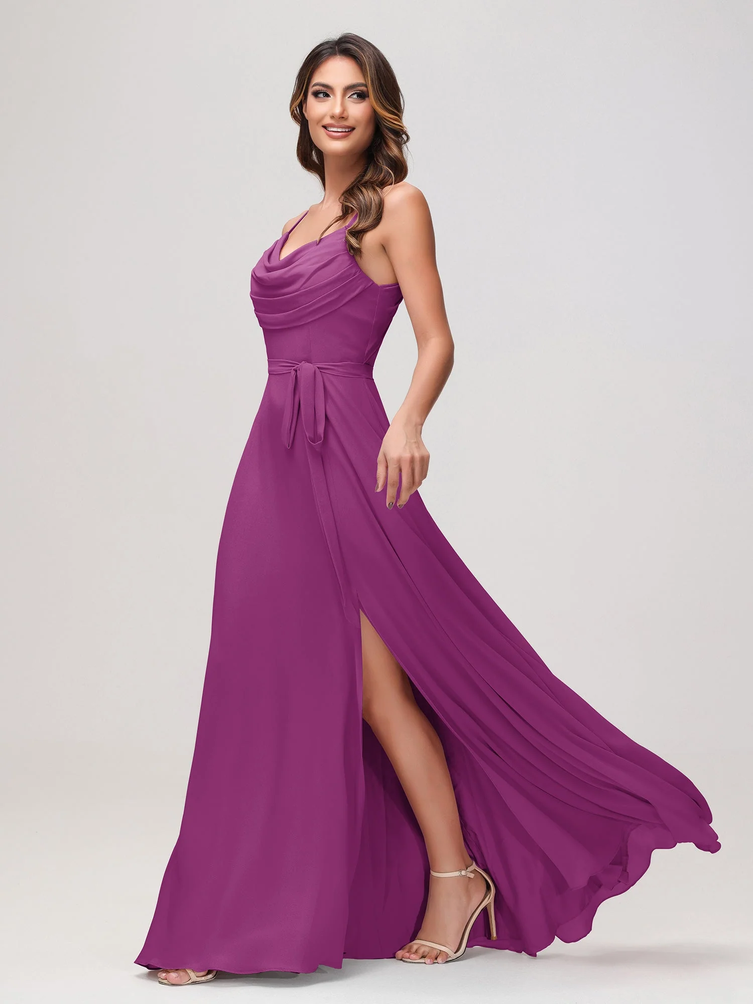 Sexy Rundhalsausschnitt Rüschen Chiffon Lang Kleid mit Schlitz Orchidee - Image 3