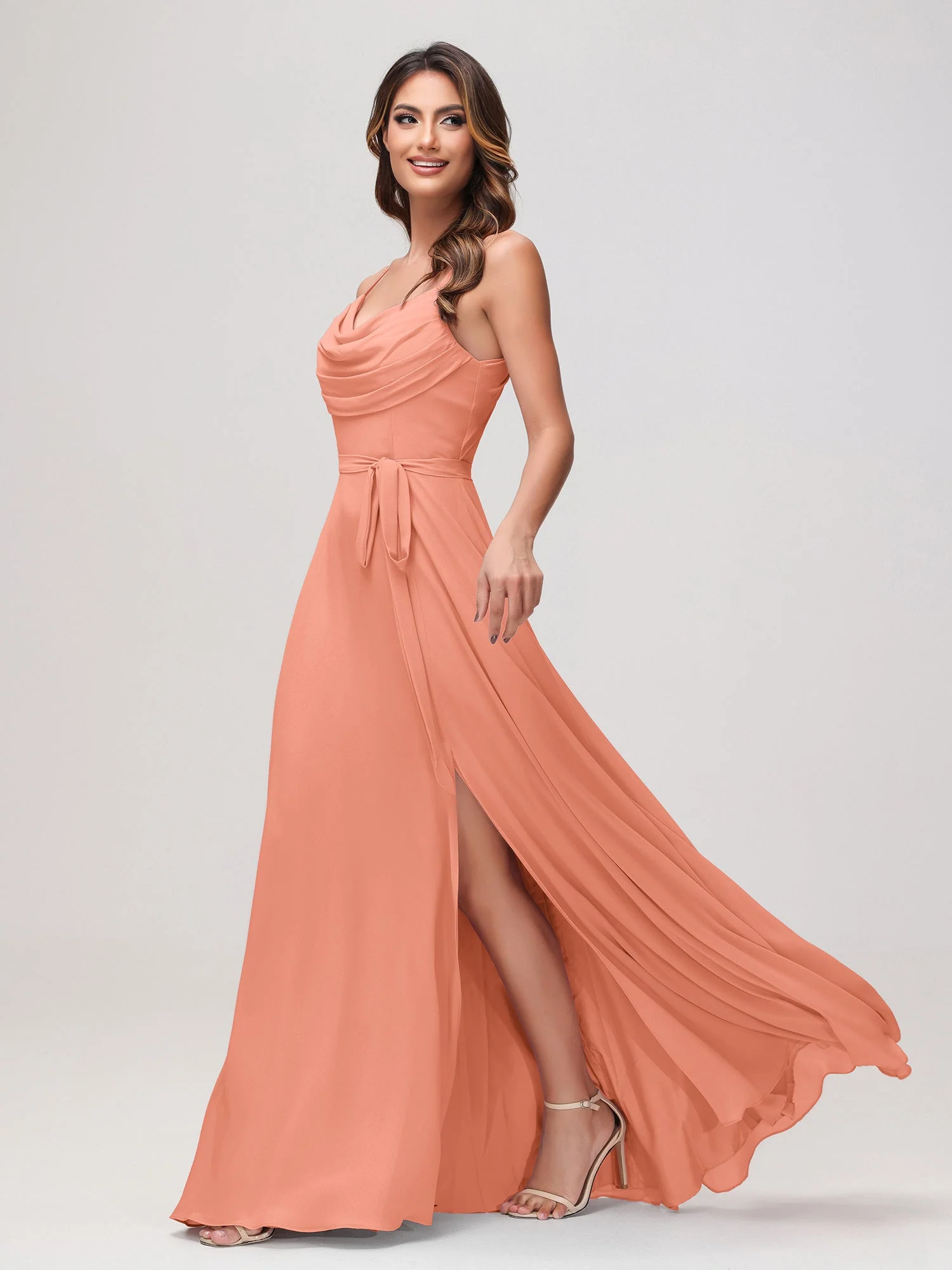 Sexy Rundhalsausschnitt Rüschen Chiffon Lang Kleid mit Schlitz Papaya - Image 3