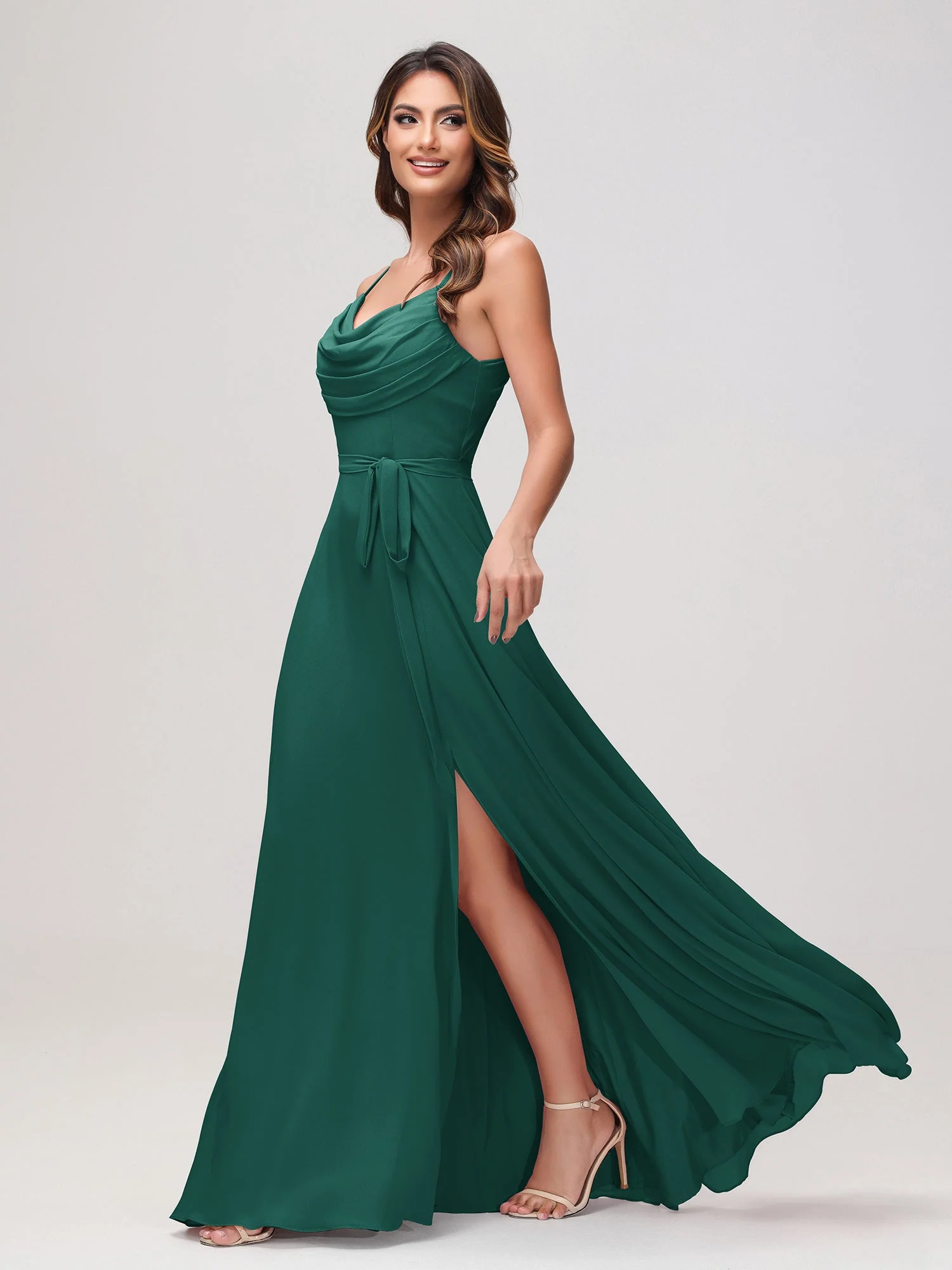 Sexy Rundhalsausschnitt Rüschen Chiffon Lang Kleid mit Schlitz Pfau - Image 3