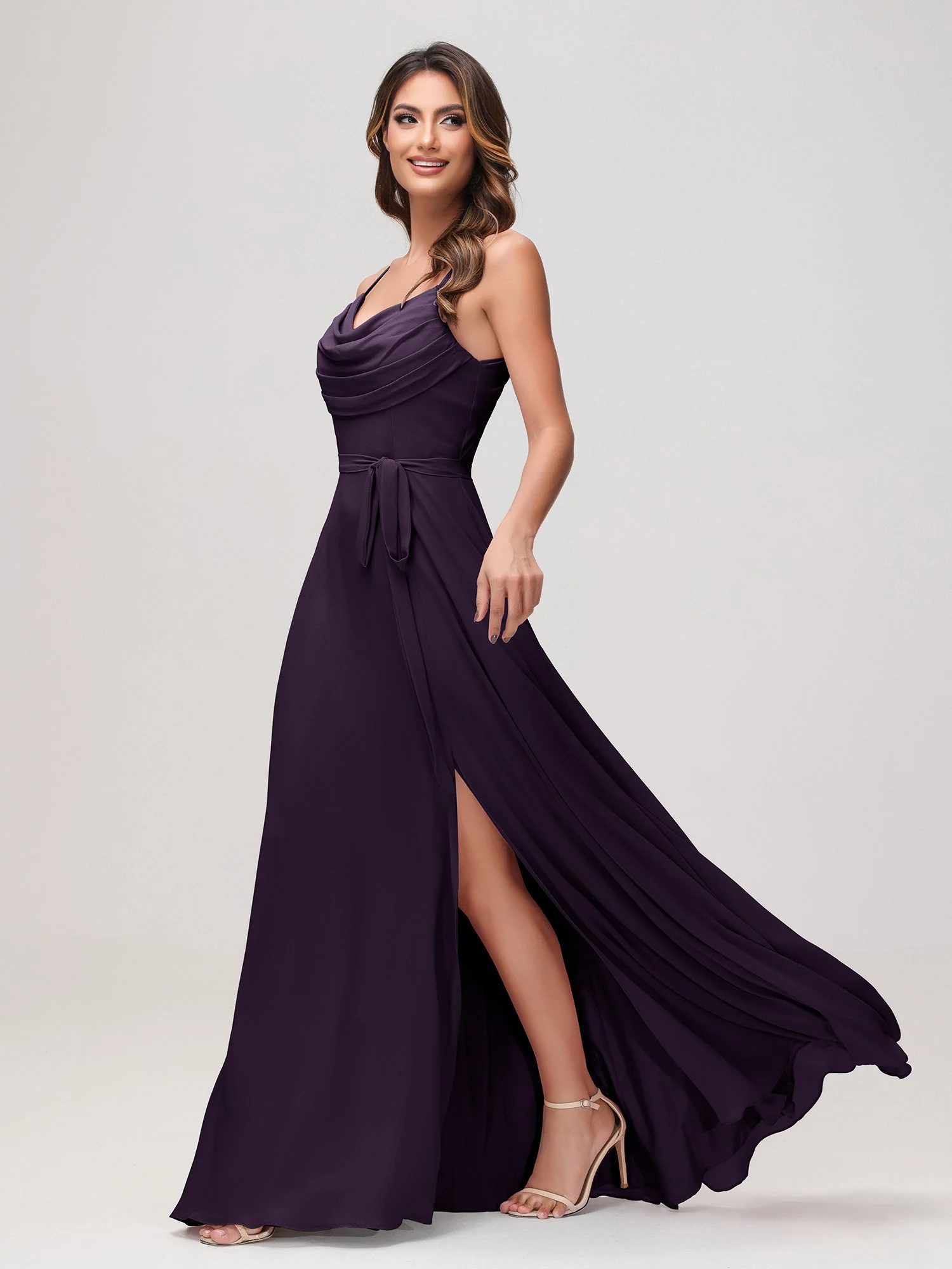 Sexy Rundhalsausschnitt Rüschen Chiffon Lang Kleid mit Schlitz Plum - Image 3