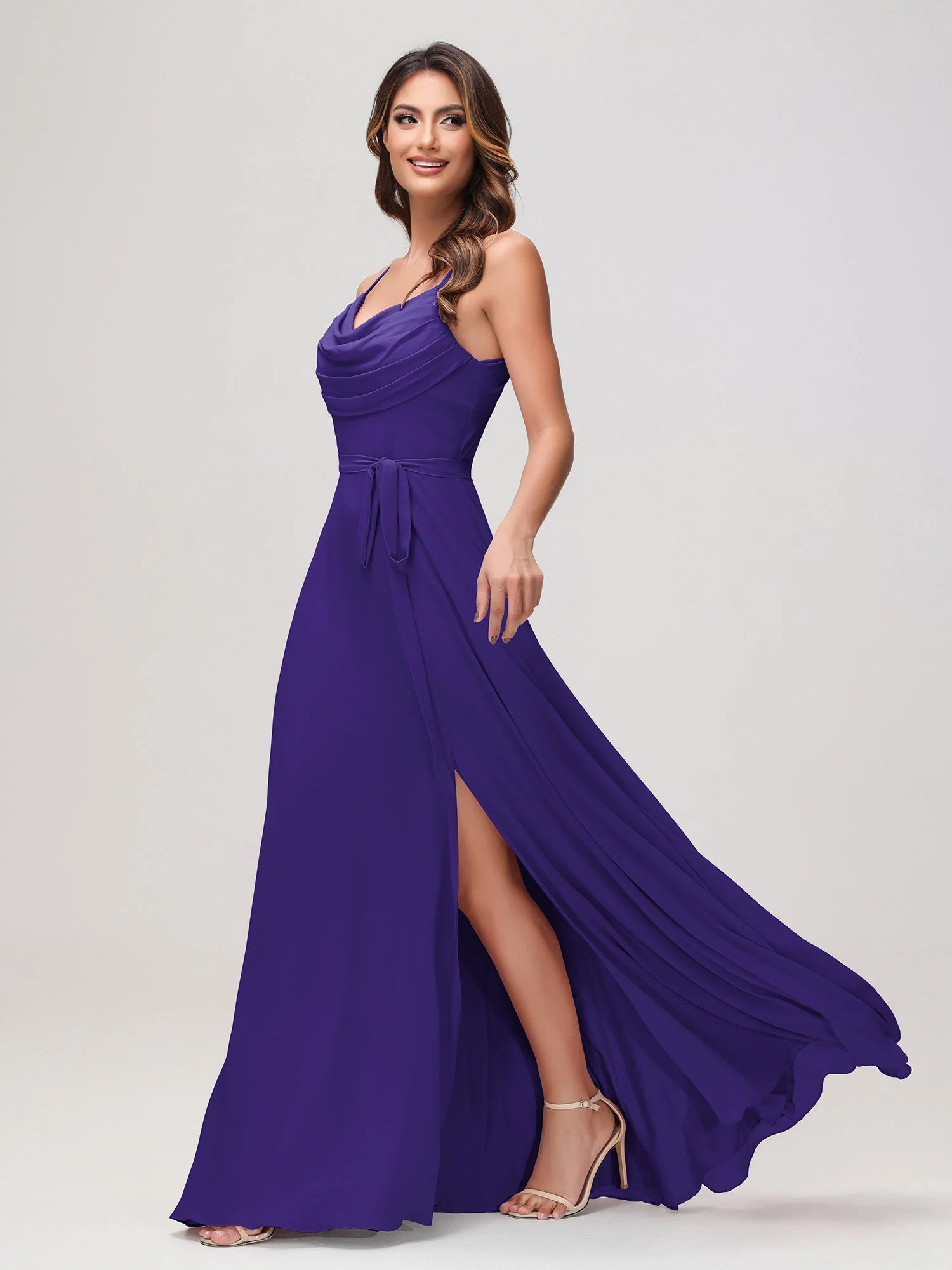Sexy Rundhalsausschnitt Rüschen Chiffon Lang Kleid mit Schlitz Regentschaft - Image 3