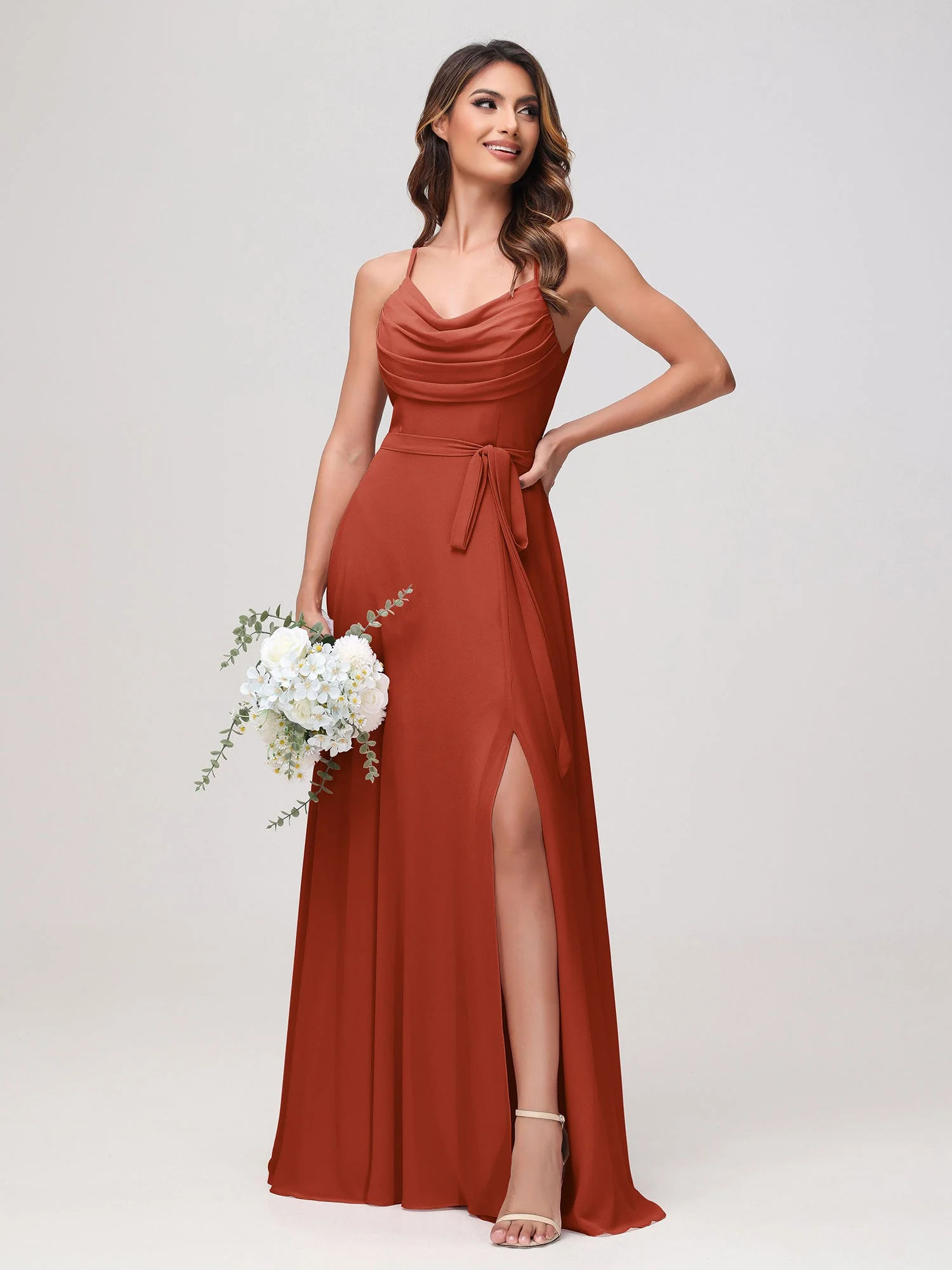 Sexy Rundhalsausschnitt Rüschen Chiffon Lang Kleid mit Schlitz Rost