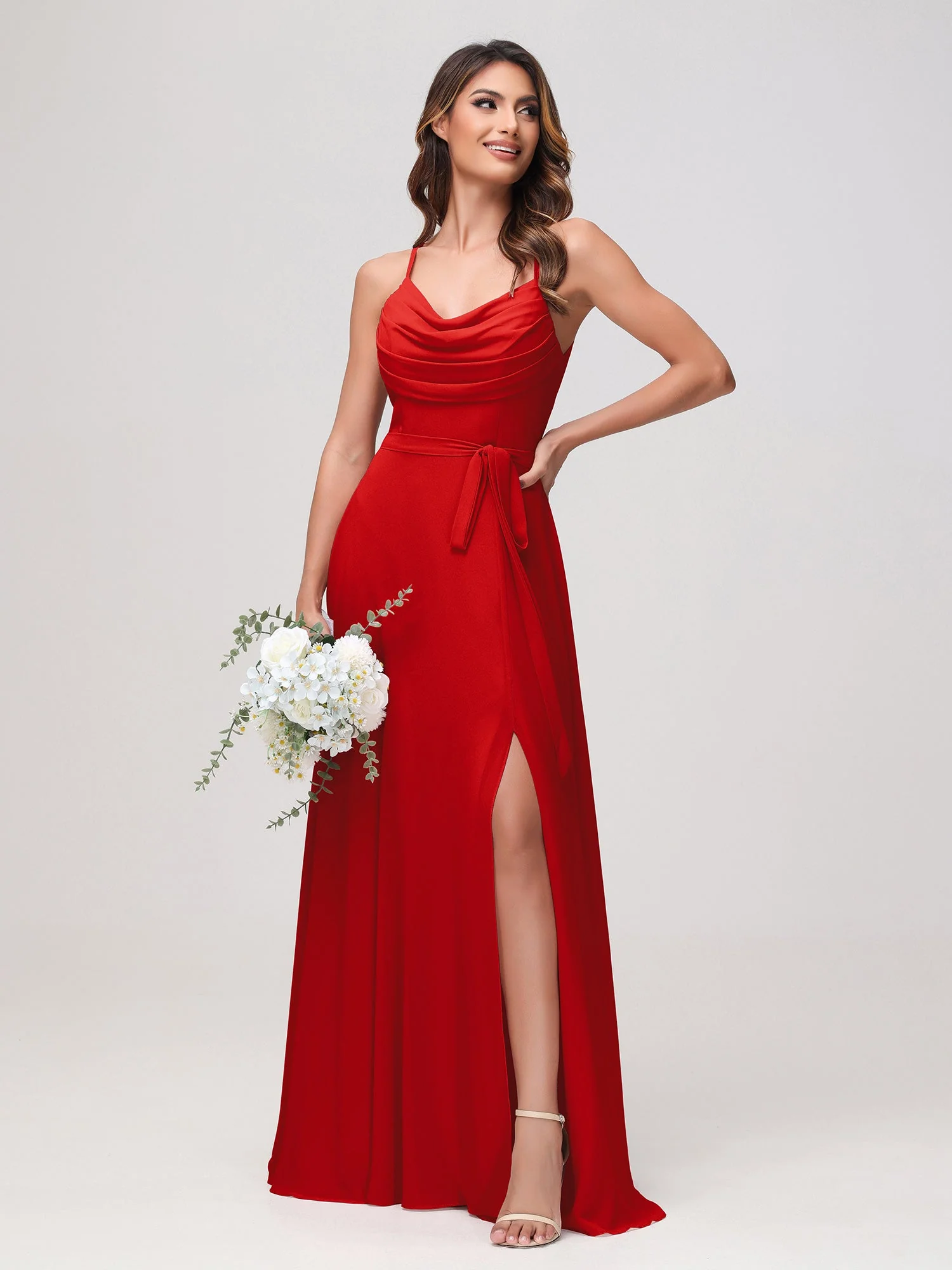 Sexy Rundhalsausschnitt Rüschen Chiffon Lang Kleid mit Schlitz Rot