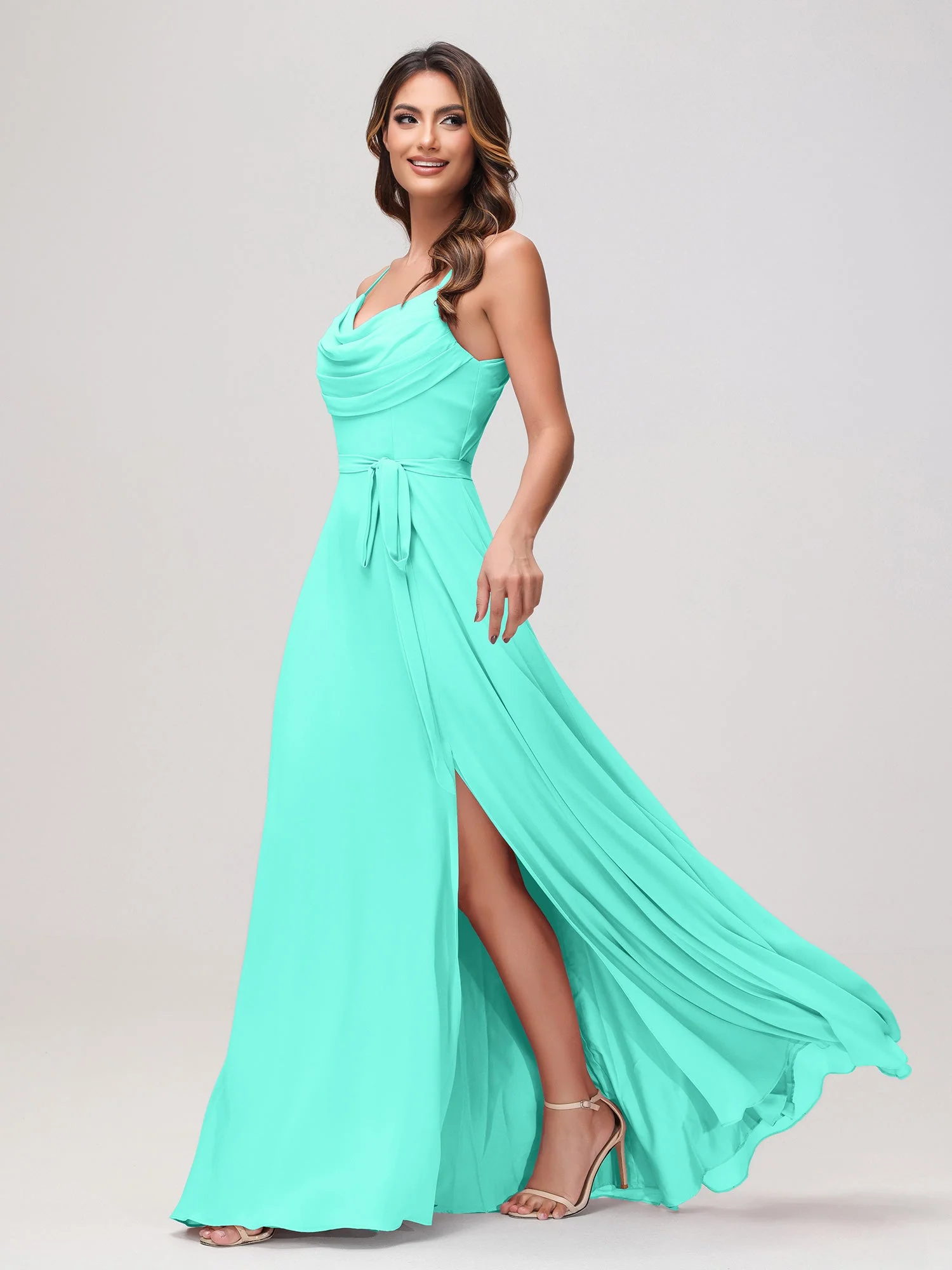 Sexy Rundhalsausschnitt Rüschen Chiffon Lang Kleid mit Schlitz Spa - Image 3