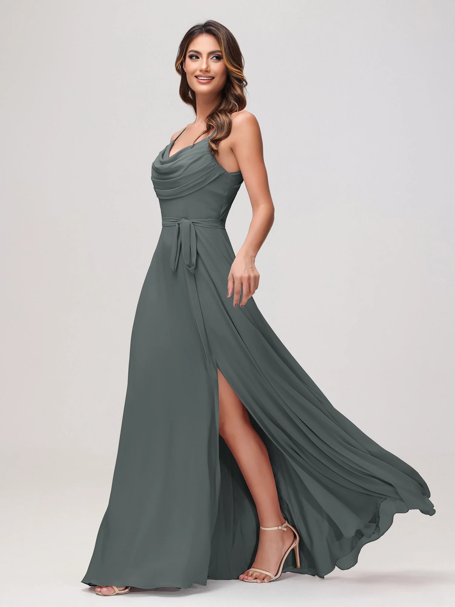 Sexy Rundhalsausschnitt Rüschen Chiffon Lang Kleid mit Schlitz Stahlgrau - Image 3