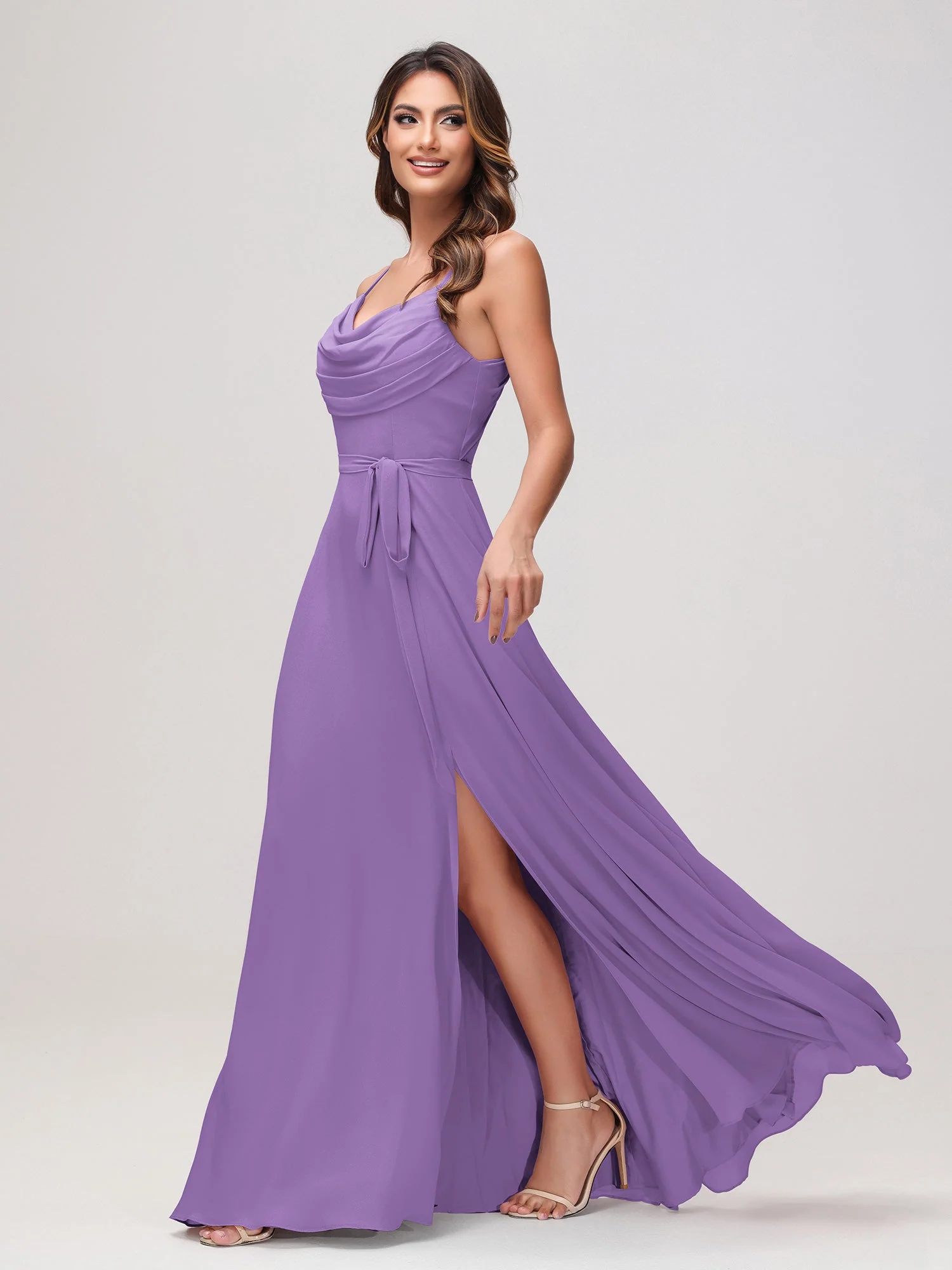 Sexy Rundhalsausschnitt Rüschen Chiffon Lang Kleid mit Schlitz Tahiti - Image 3