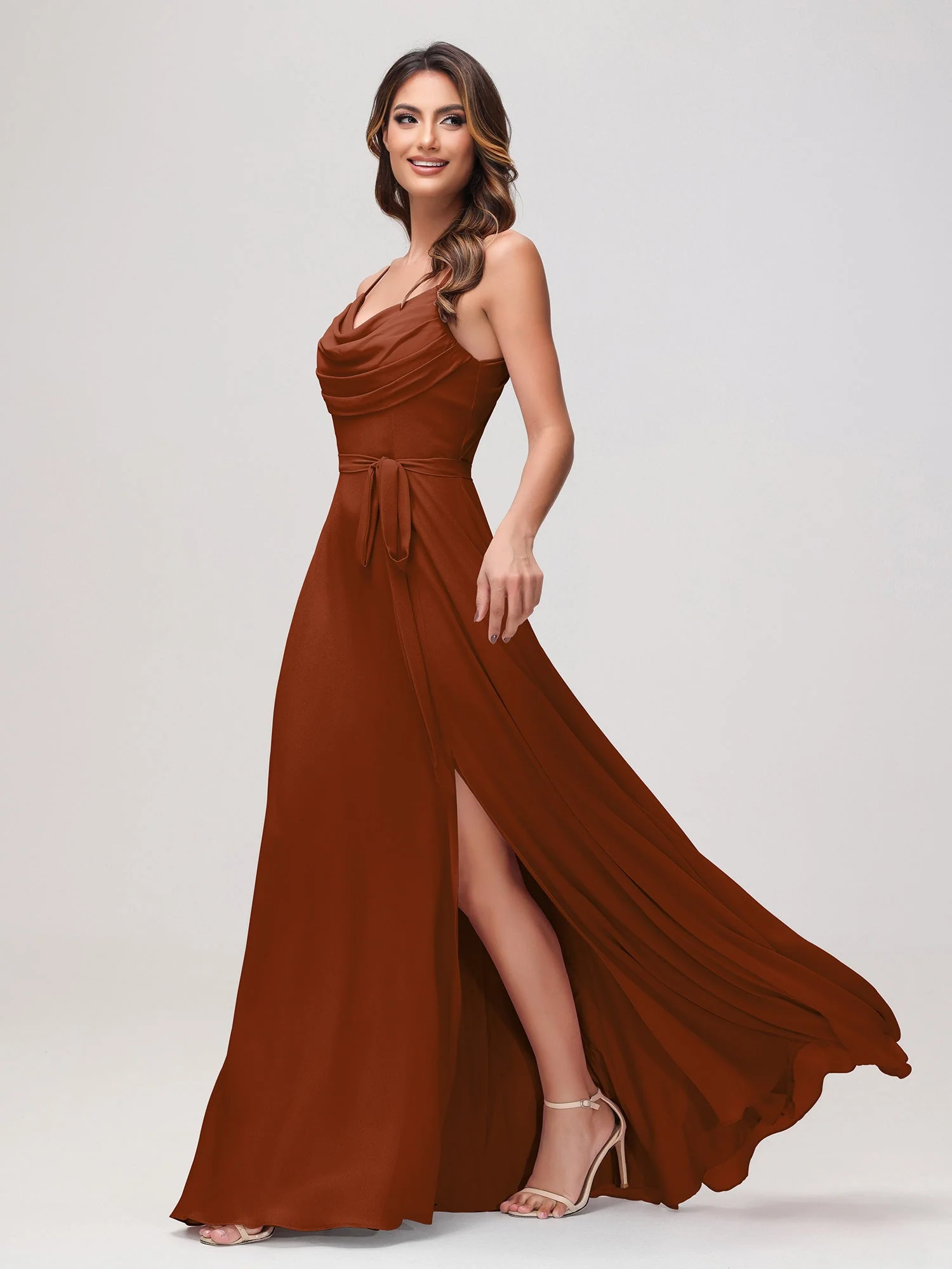 Sexy Rundhalsausschnitt Rüschen Chiffon Lang Kleid mit Schlitz Terrakotta - Image 3