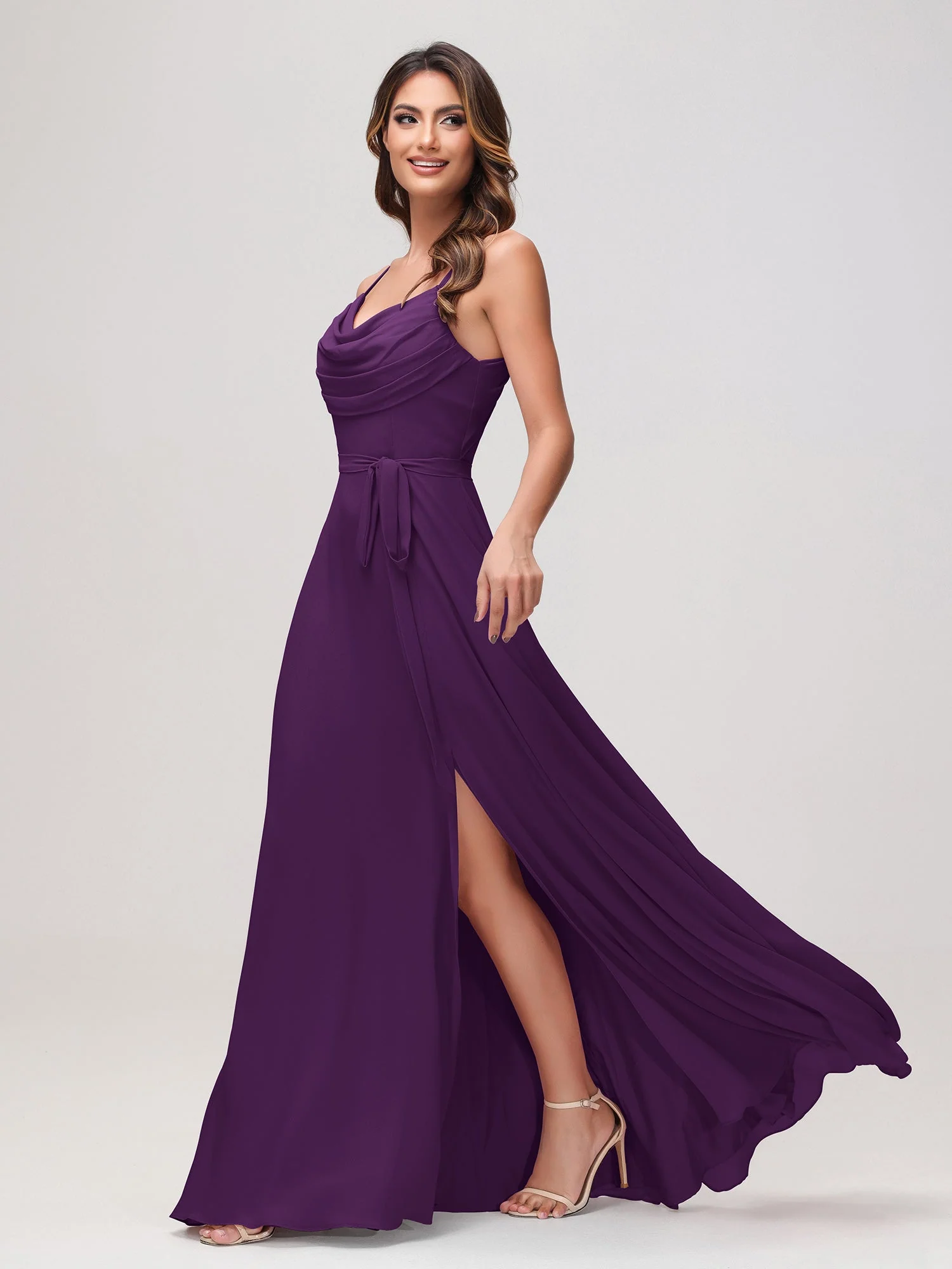 Sexy Rundhalsausschnitt Rüschen Chiffon Lang Kleid mit Schlitz Traube - Image 3