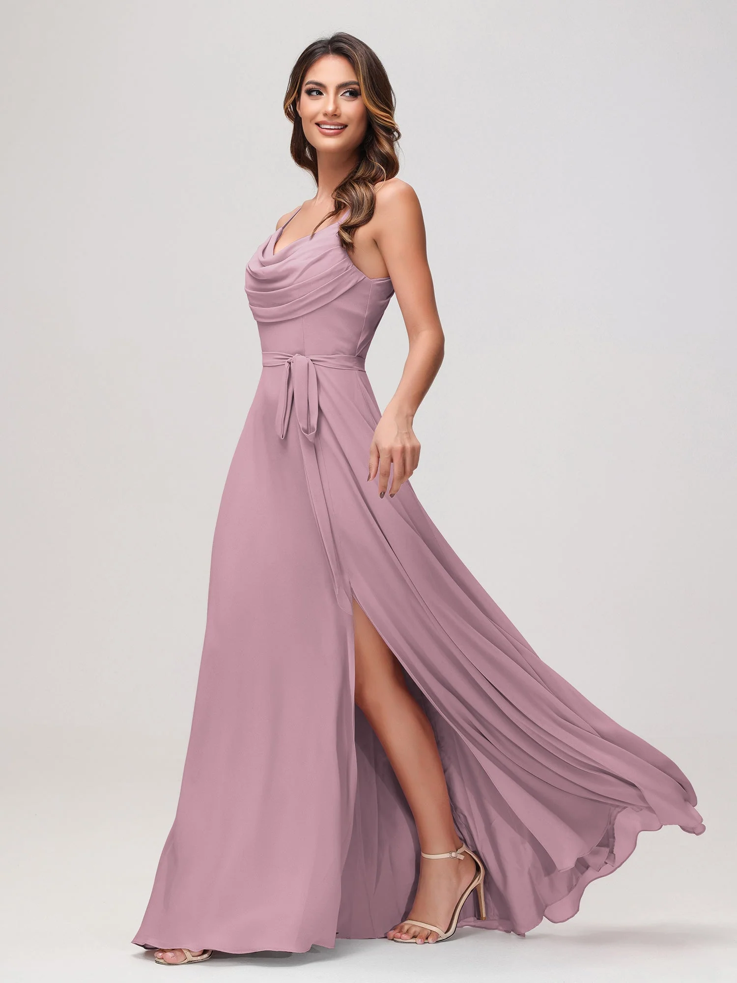 Sexy Rundhalsausschnitt Rüschen Chiffon Lang Kleid mit Schlitz Vintage Mauve - Image 3