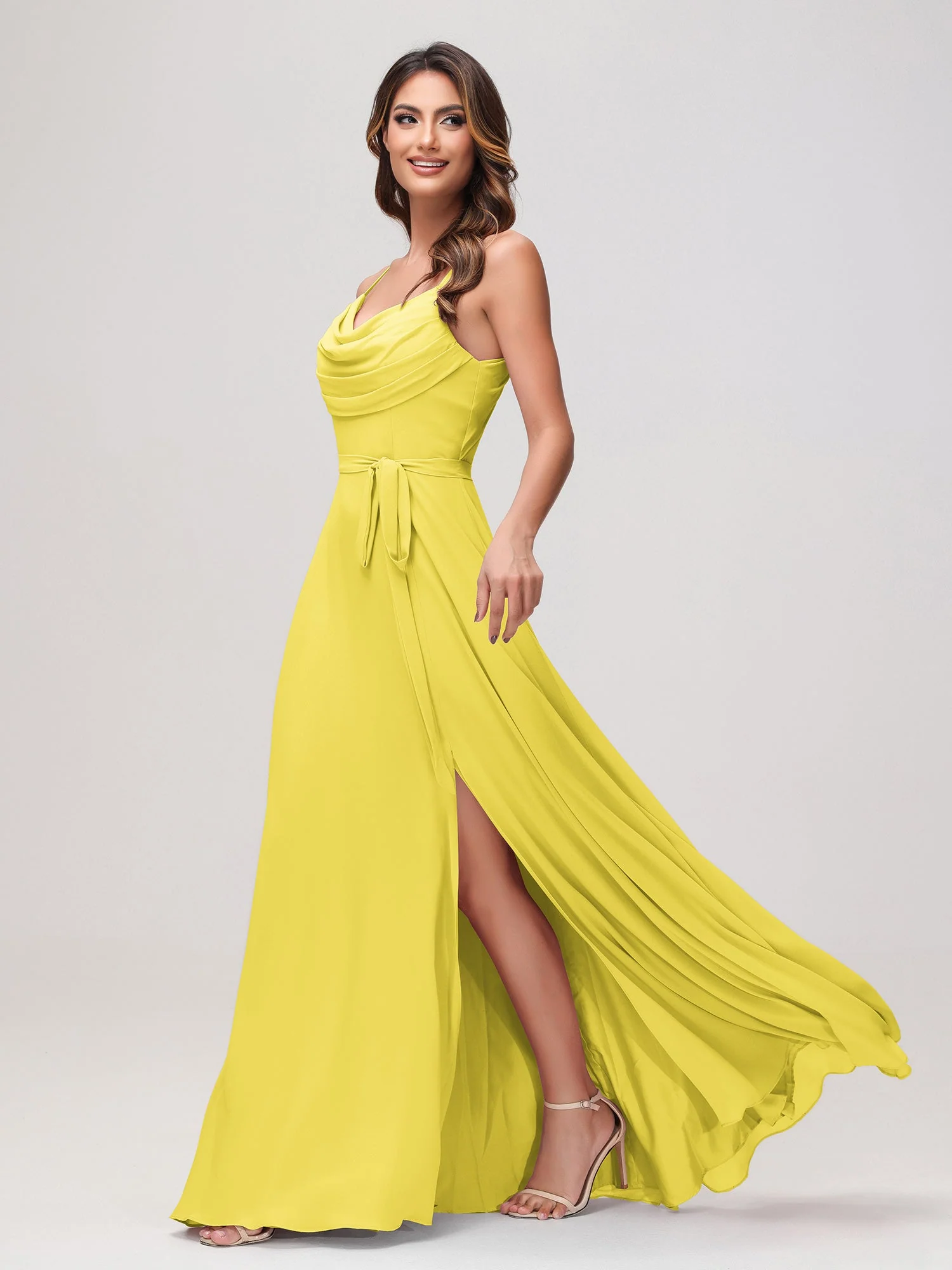 Sexy Rundhalsausschnitt Rüschen Chiffon Lang Kleid mit Schlitz Zitrone - Image 3