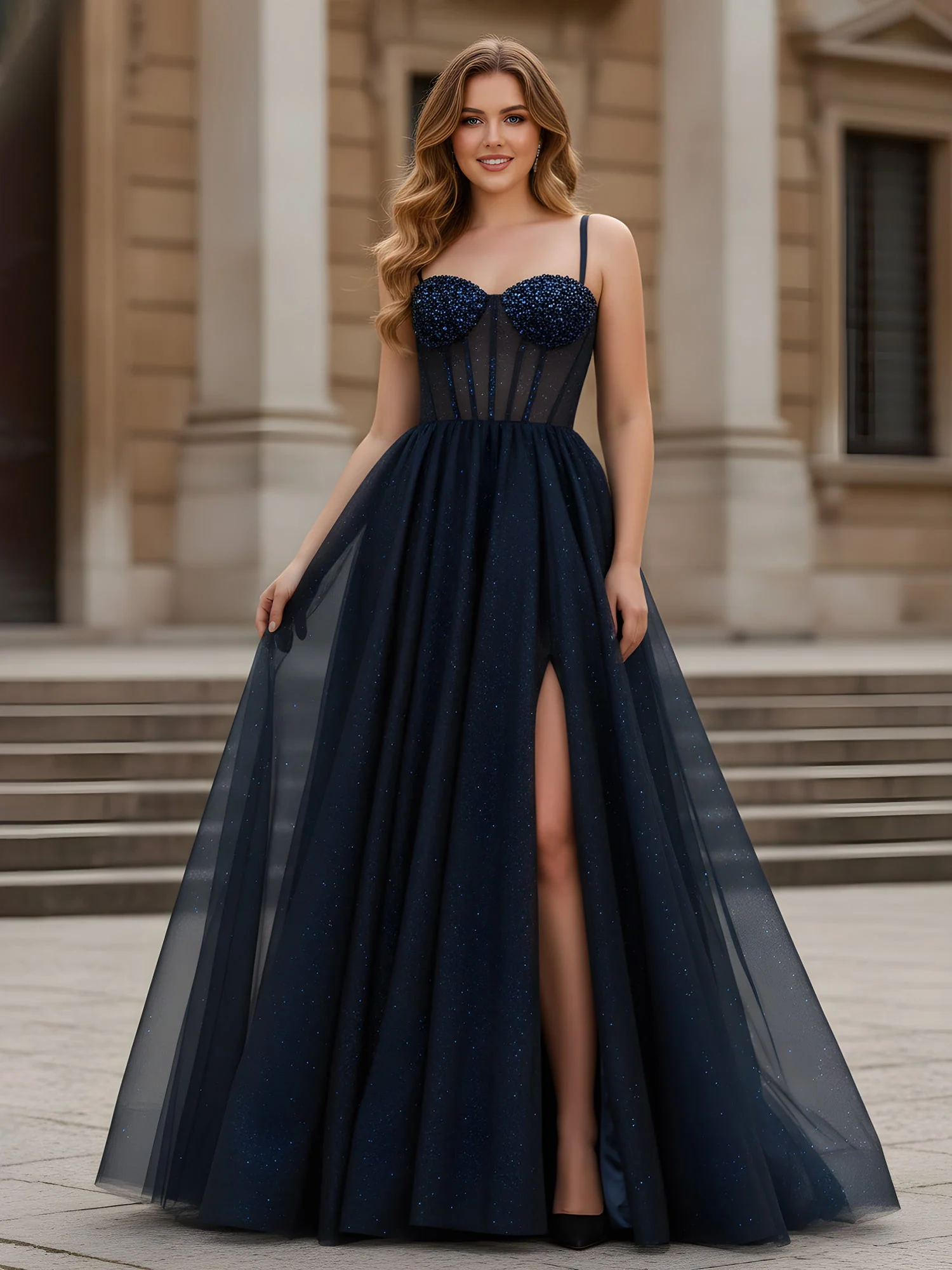 Funkel Herzform Ausschnitt A-Linie Tüll Kleid mit Schlitz Dunkelmarine