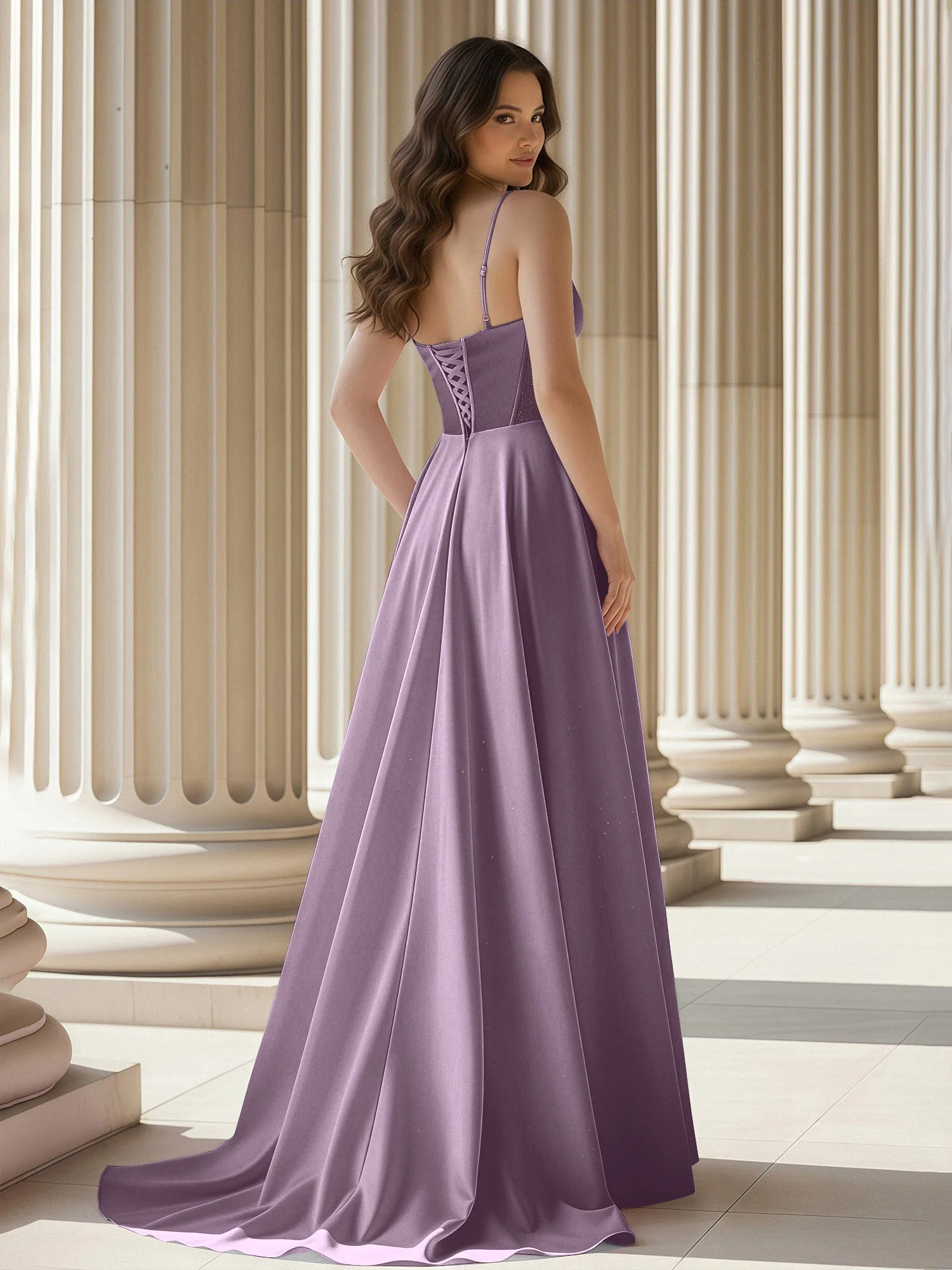 Plissee Herzform Ausschnitt A-Linie Satin Schleppe Kleid Blauregen - Image 2