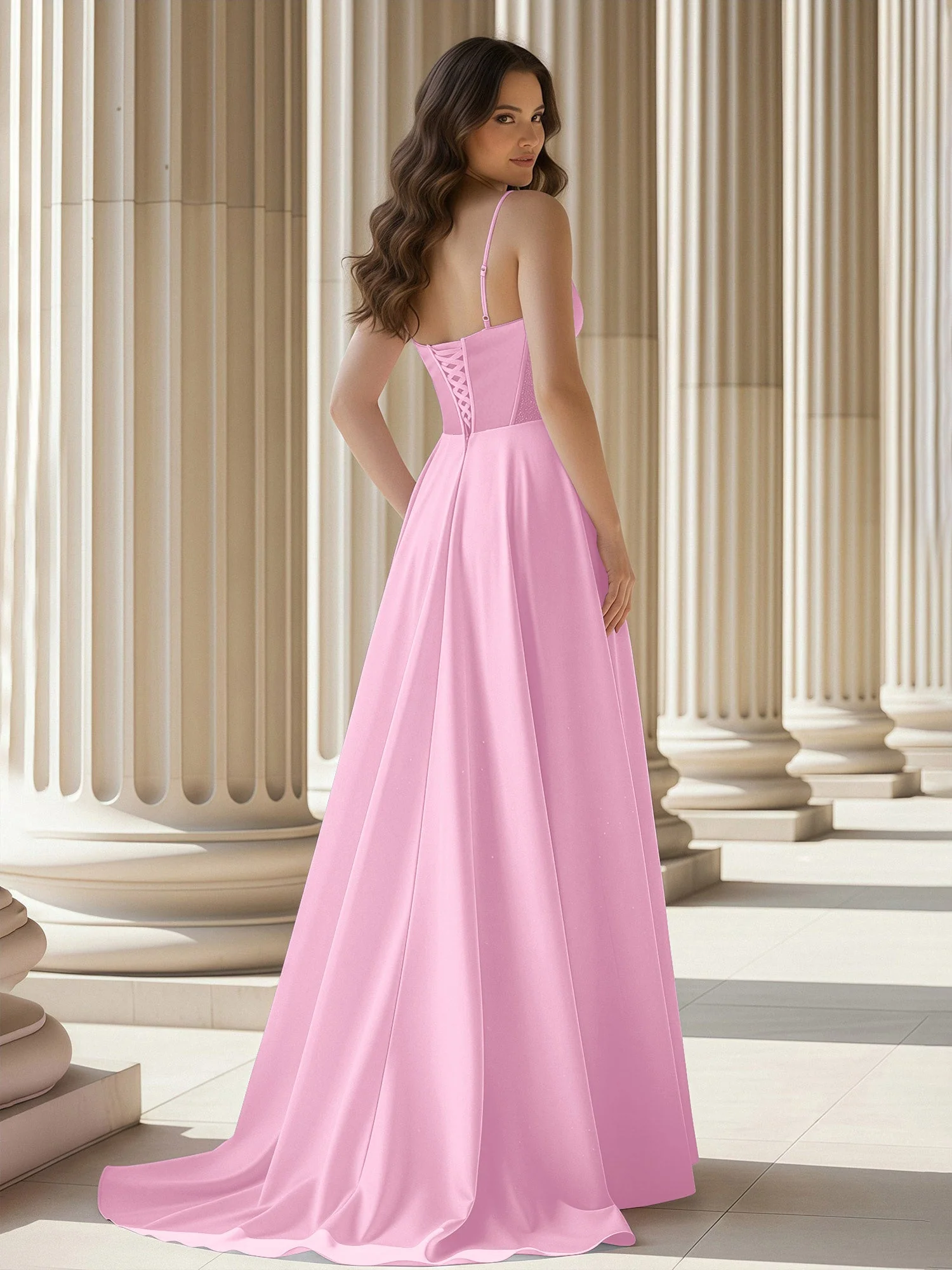 Plissee Herzform Ausschnitt A-Linie Satin Schleppe Kleid Bonbonrosa - Image 2