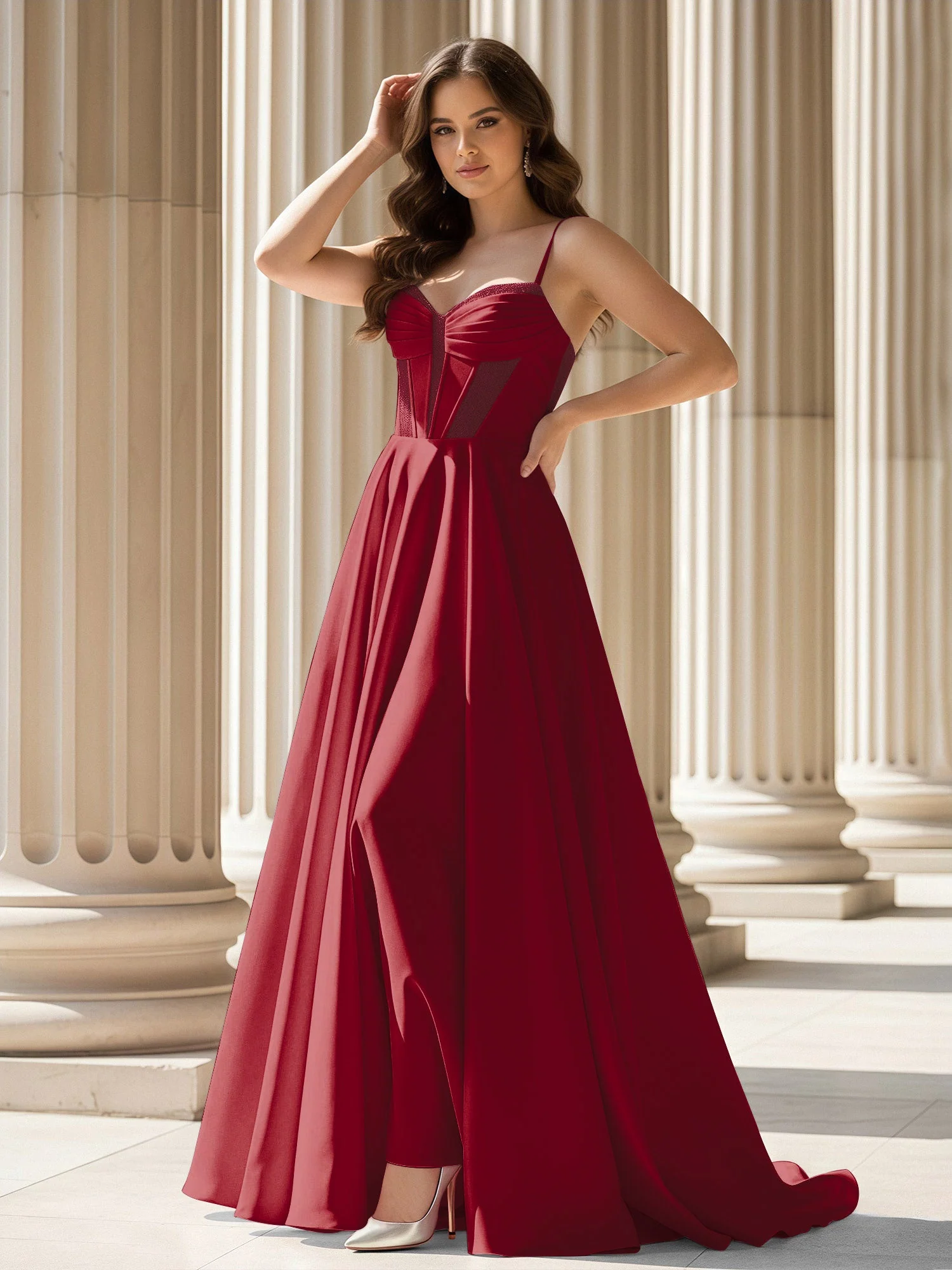Plissee Herzform Ausschnitt A-Linie Satin Schleppe Kleid Burgunderrot
