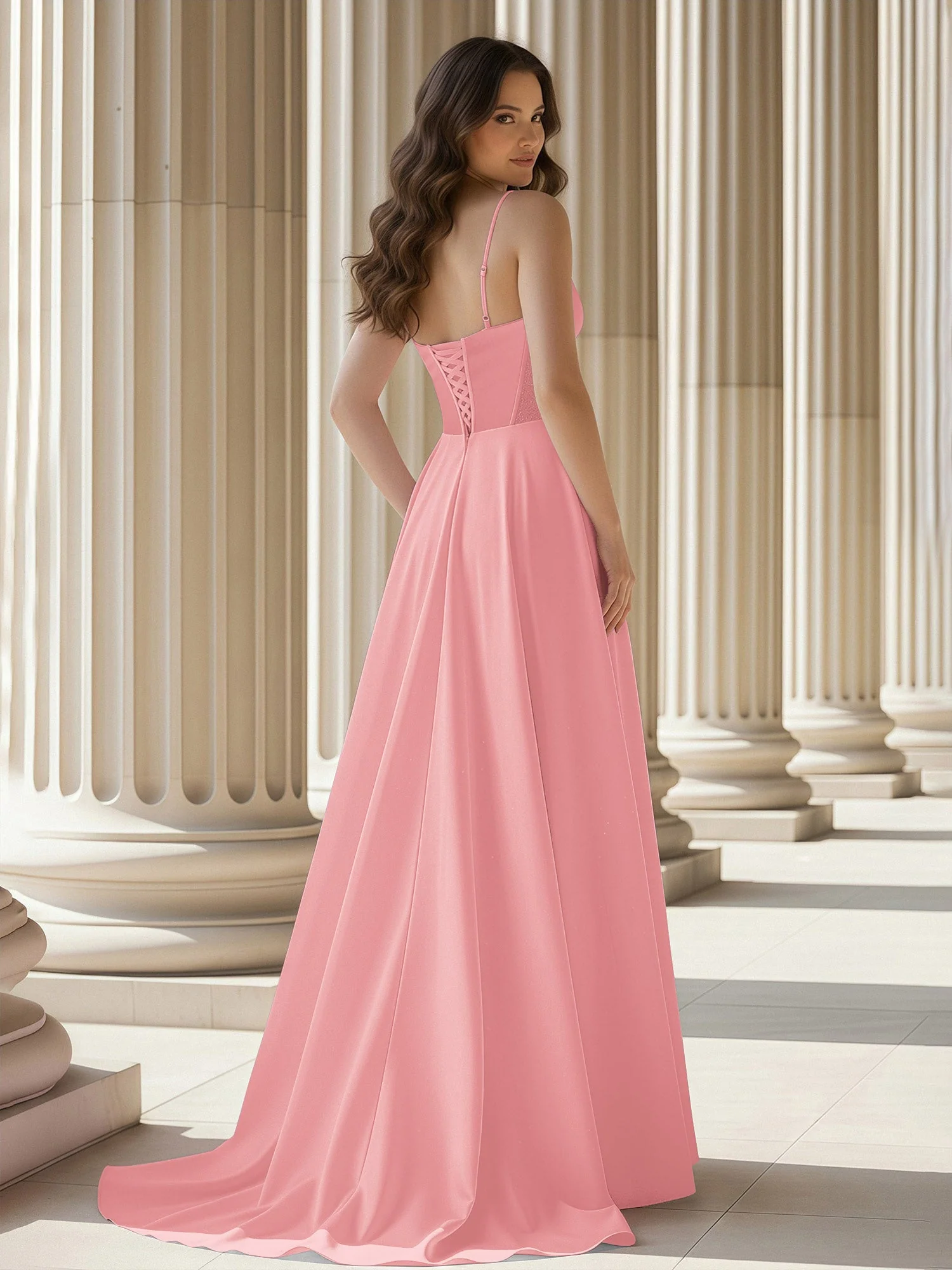 Plissee Herzform Ausschnitt A-Linie Satin Schleppe Kleid Flamingo - Image 2