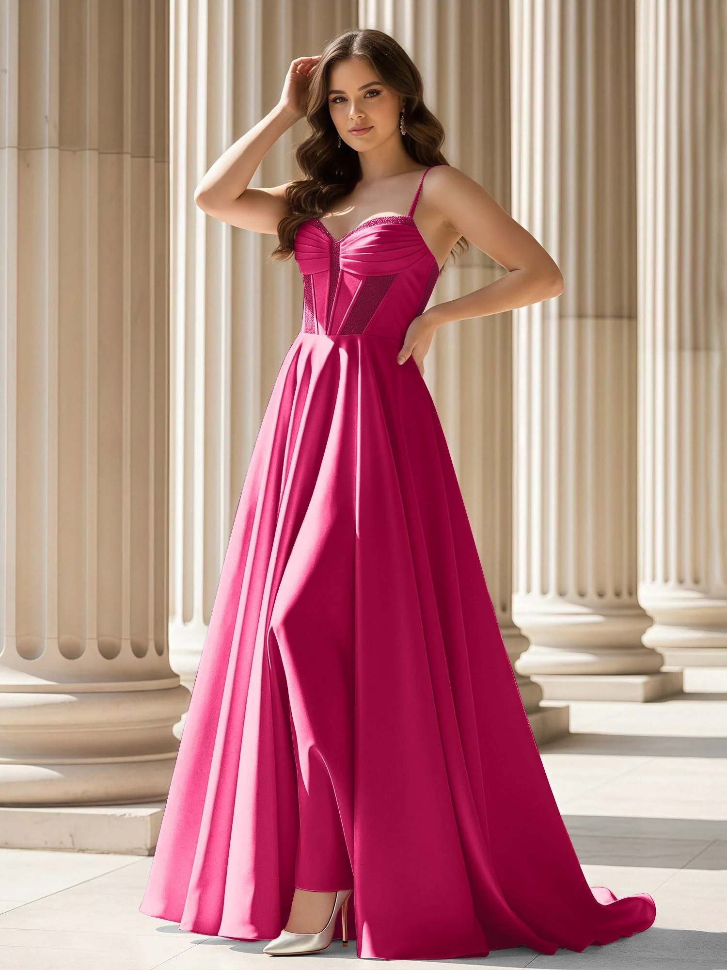 Plissee Herzform Ausschnitt A-Linie Satin Schleppe Kleid Fuchsia