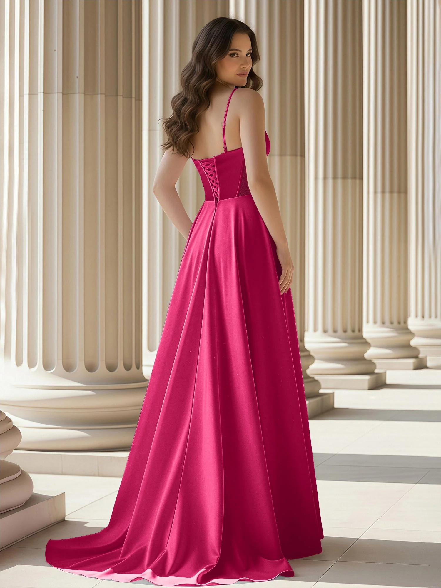 Plissee Herzform Ausschnitt A-Linie Satin Schleppe Kleid Fuchsia - Image 2