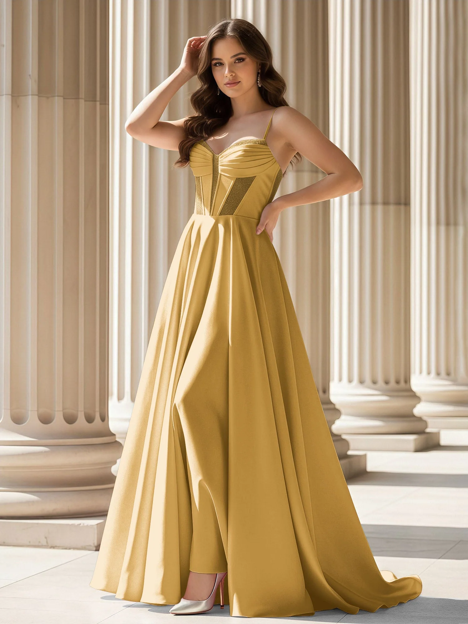 Plissee Herzform Ausschnitt A-Linie Satin Schleppe Kleid Gold