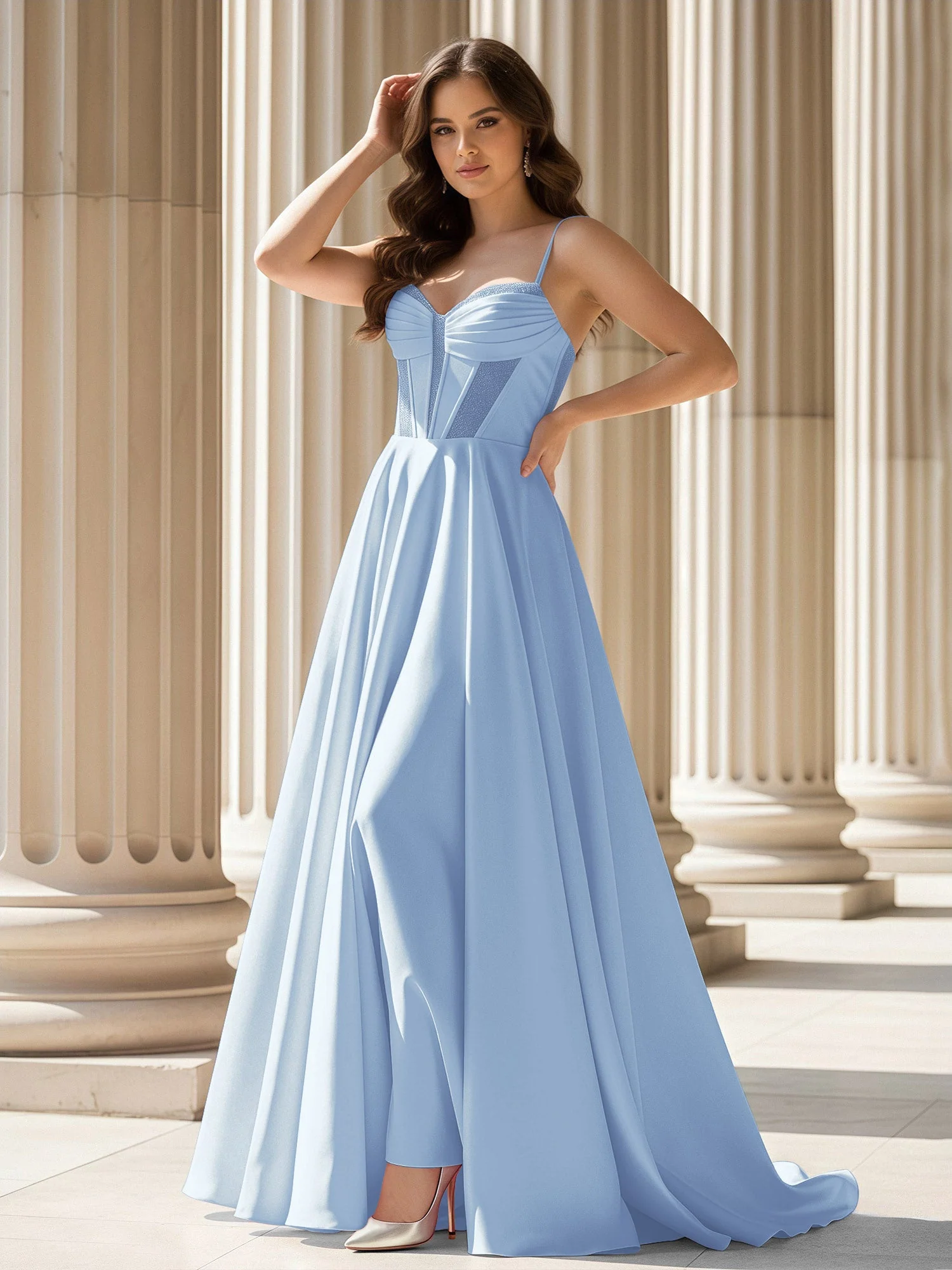 Plissee Herzform Ausschnitt A-Linie Satin Schleppe Kleid Himmelblau