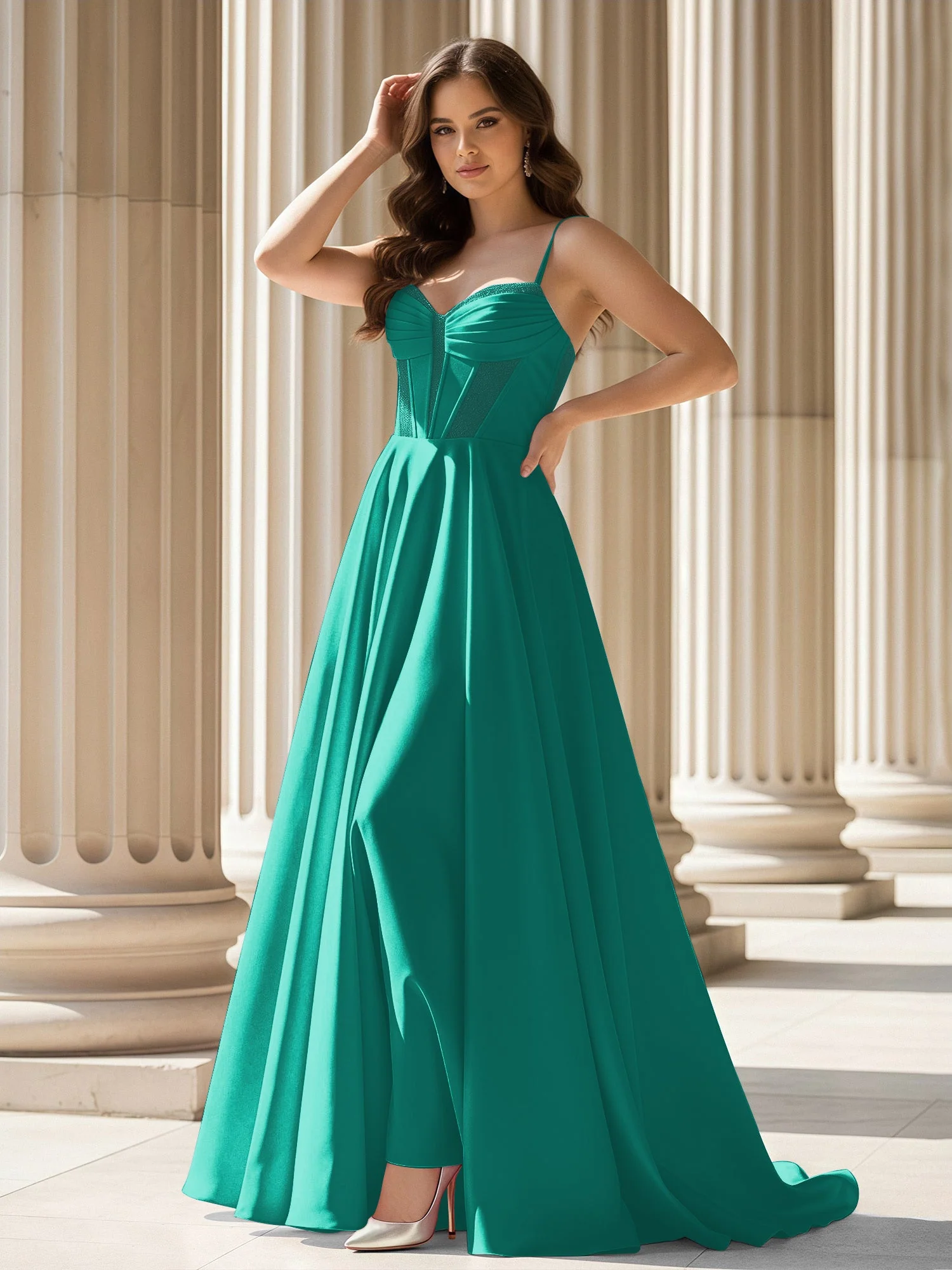 Plissee Herzform Ausschnitt A-Linie Satin Schleppe Kleid Jade