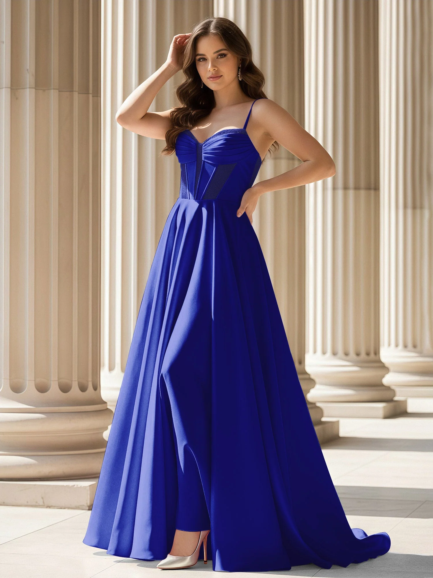 Plissee Herzform Ausschnitt A-Linie Satin Schleppe Kleid Königsblau