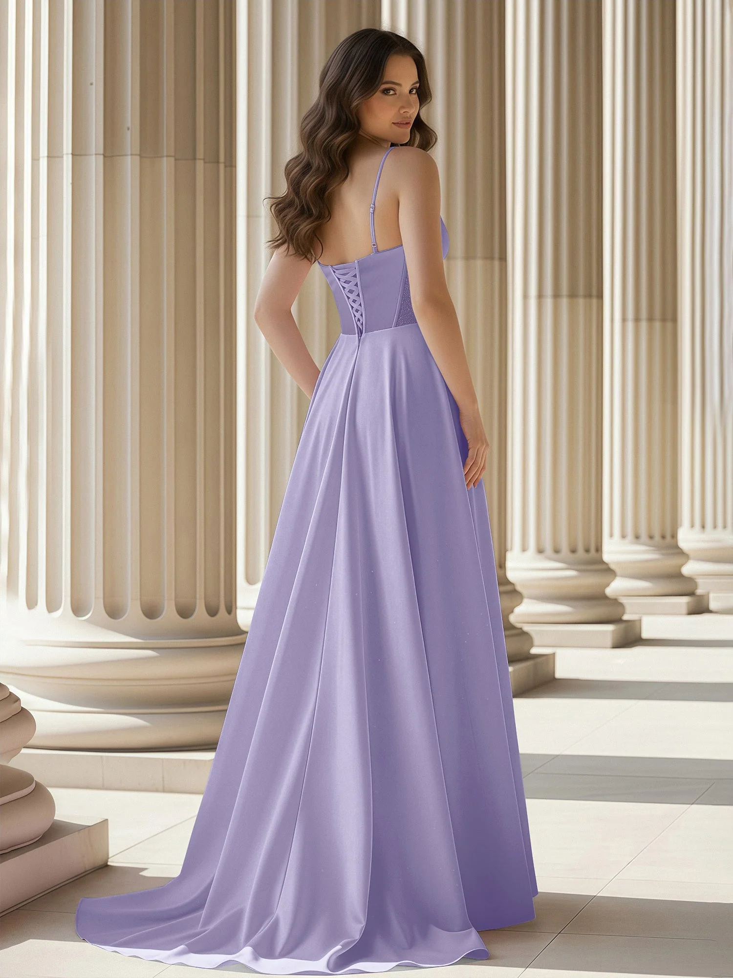Plissee Herzform Ausschnitt A-Linie Satin Schleppe Kleid Lavendel - Image 2