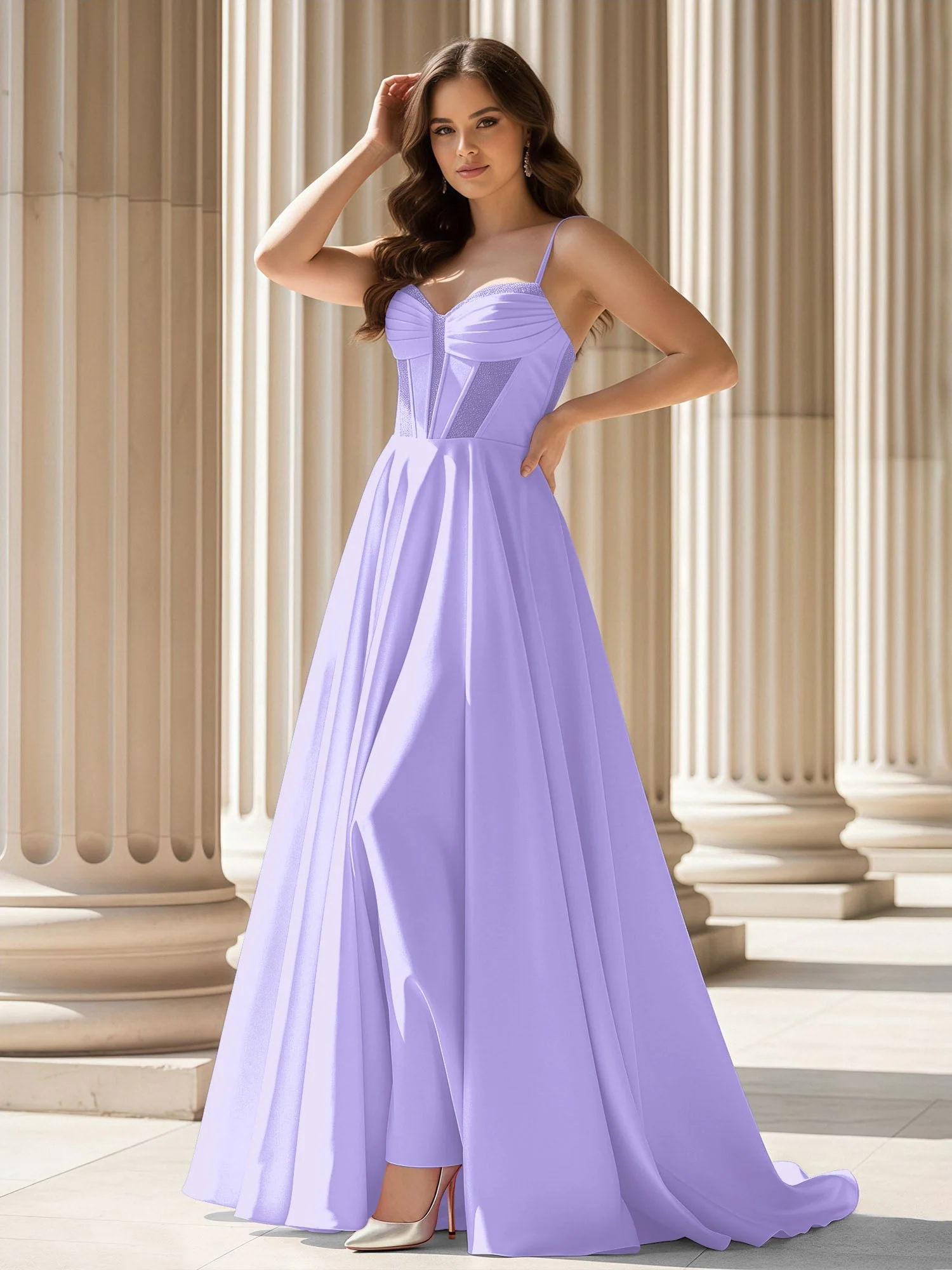 Plissee Herzform Ausschnitt A-Linie Satin Schleppe Kleid Lila