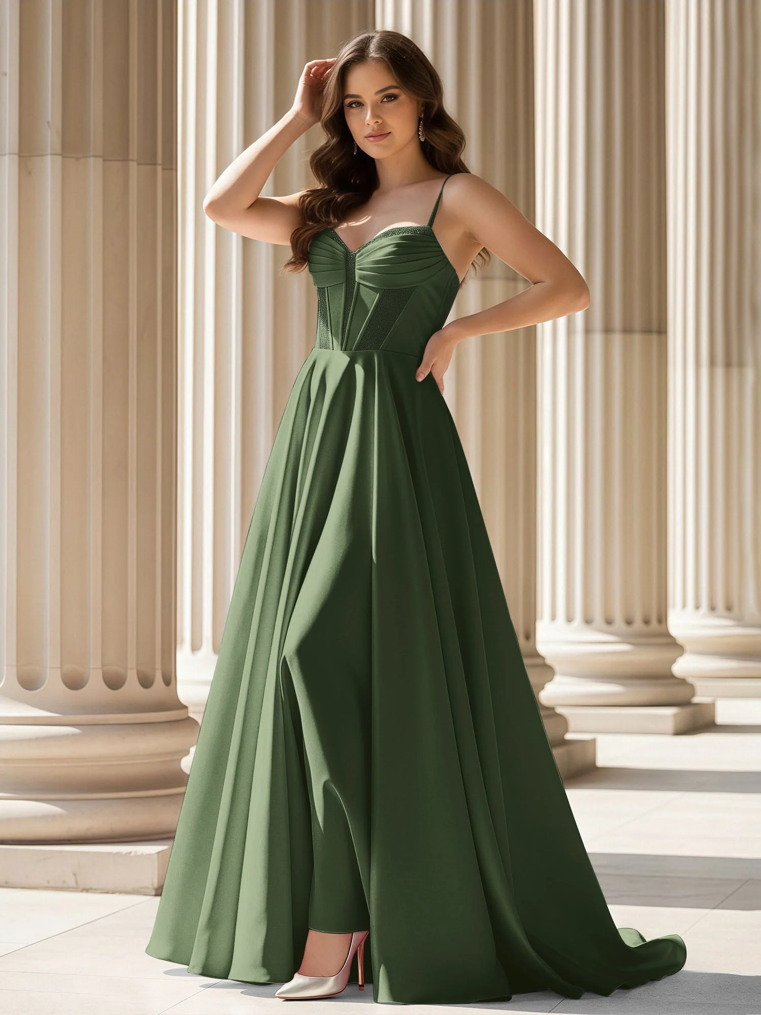 Plissee Herzform Ausschnitt A-Linie Satin Schleppe Kleid Olivgrün
