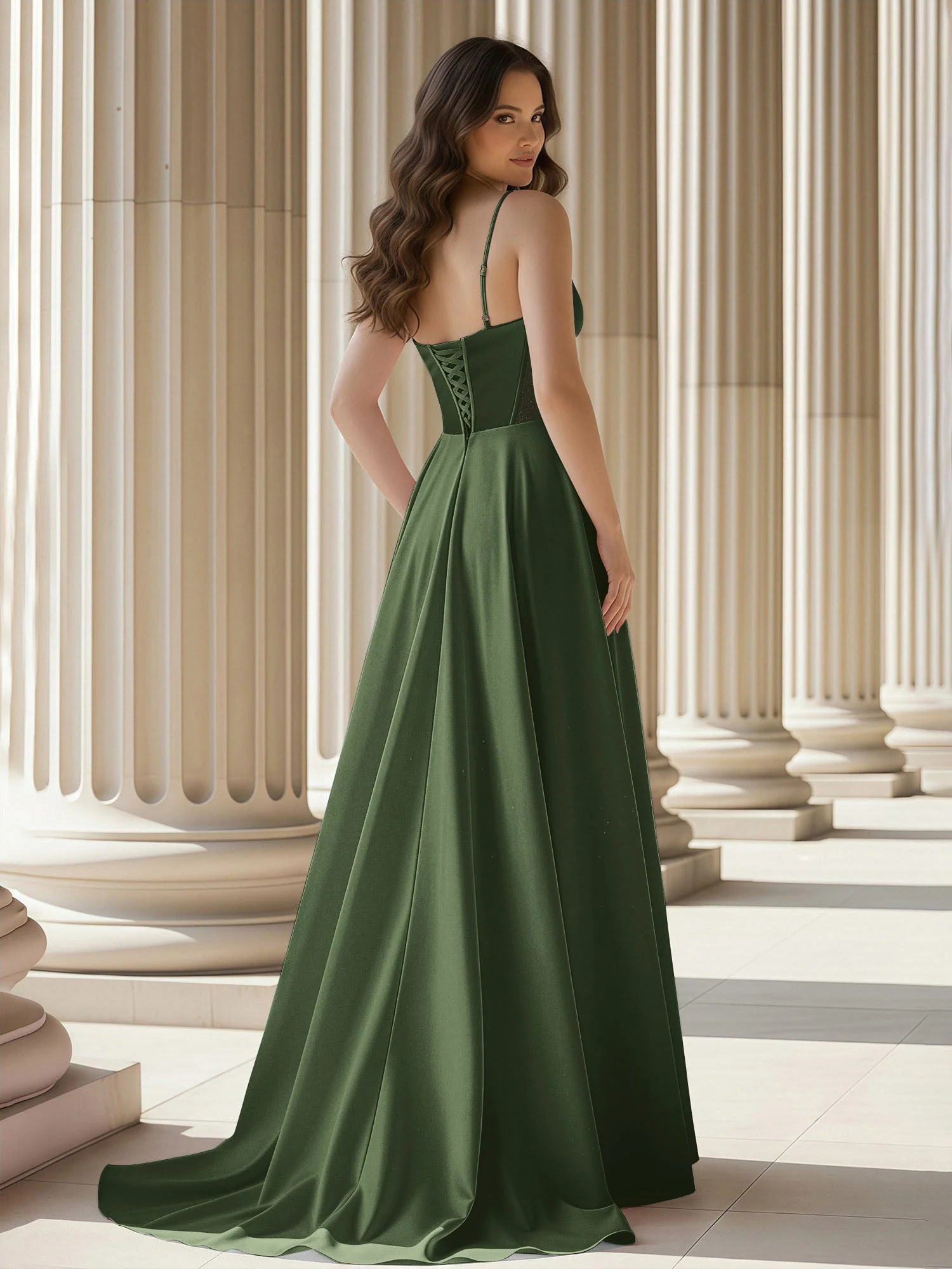 Plissee Herzform Ausschnitt A-Linie Satin Schleppe Kleid Olivgrün - Image 2