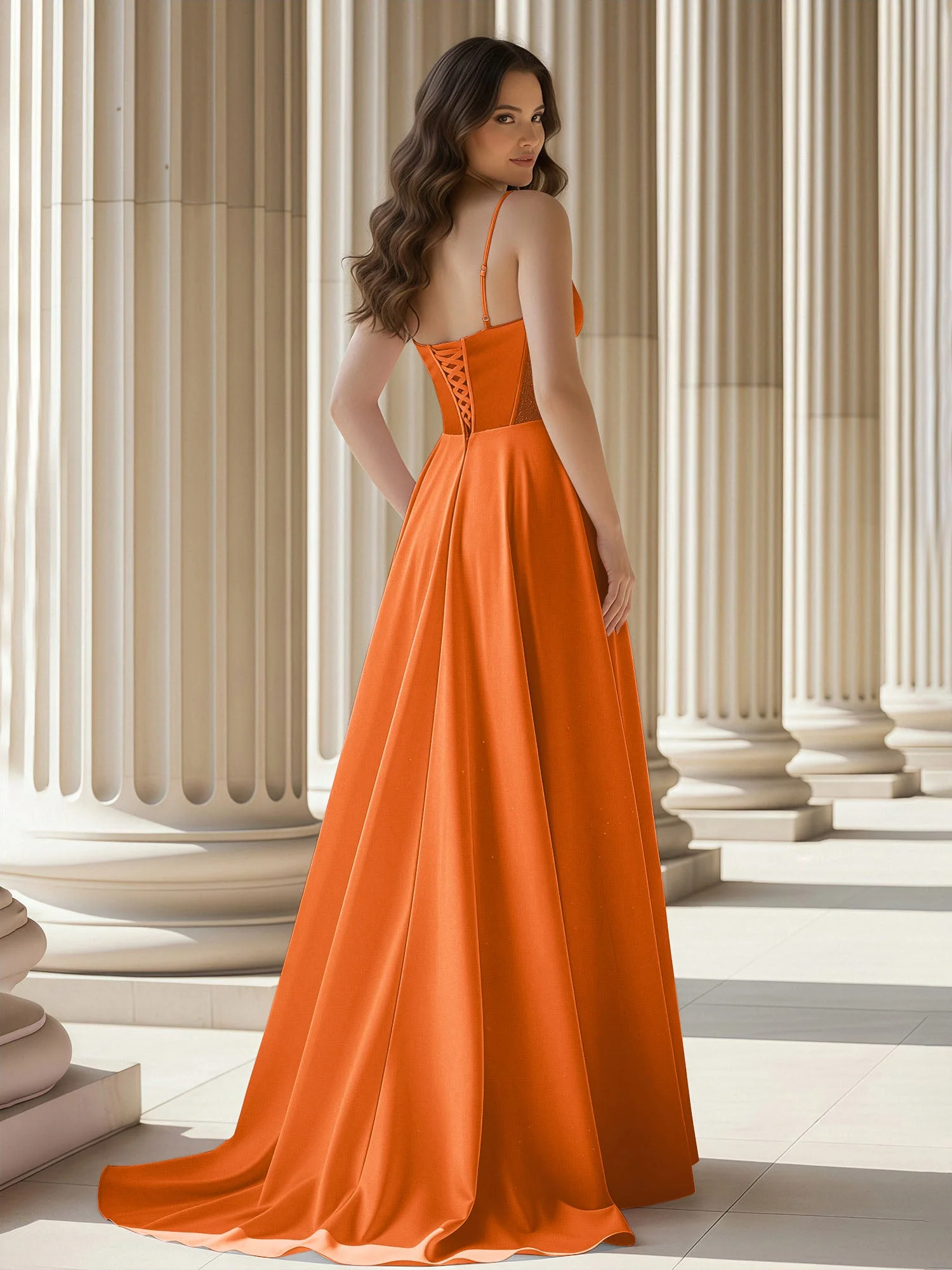 Plissee Herzform Ausschnitt A-Linie Satin Schleppe Kleid Orange - Image 2
