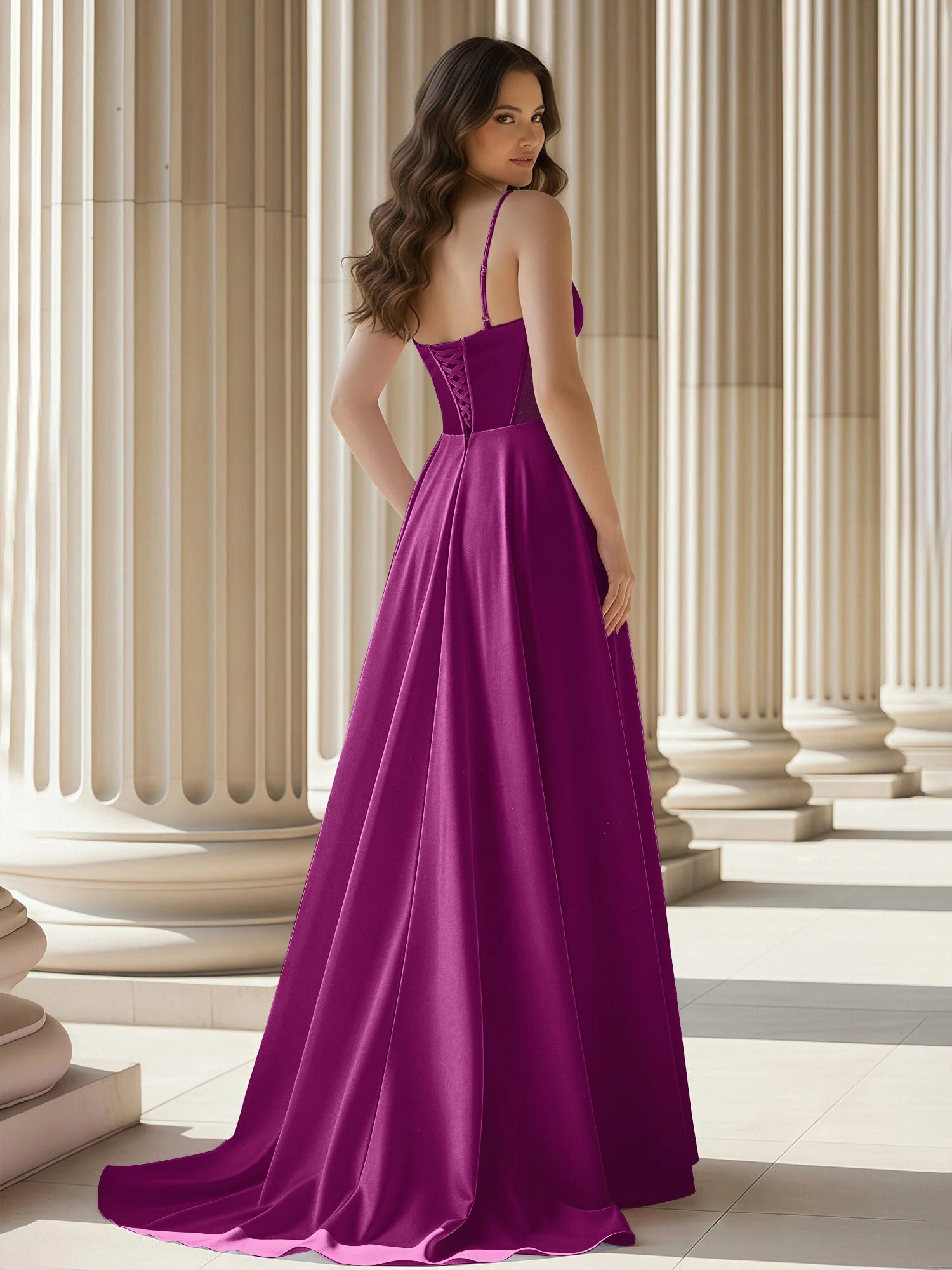 Plissee Herzform Ausschnitt A-Linie Satin Schleppe Kleid Orchidee - Image 2