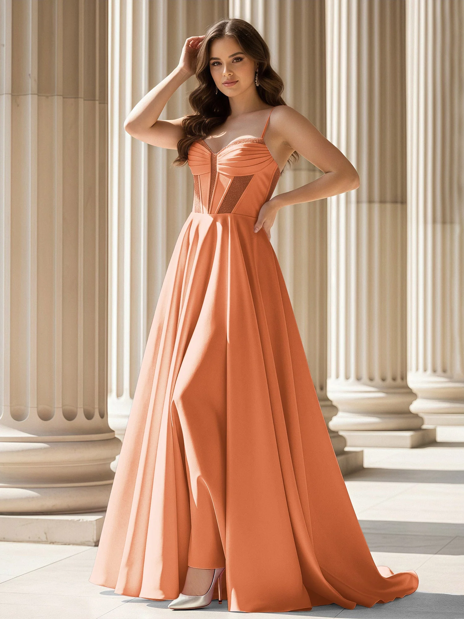 Plissee Herzform Ausschnitt A-Linie Satin Schleppe Kleid Papaya