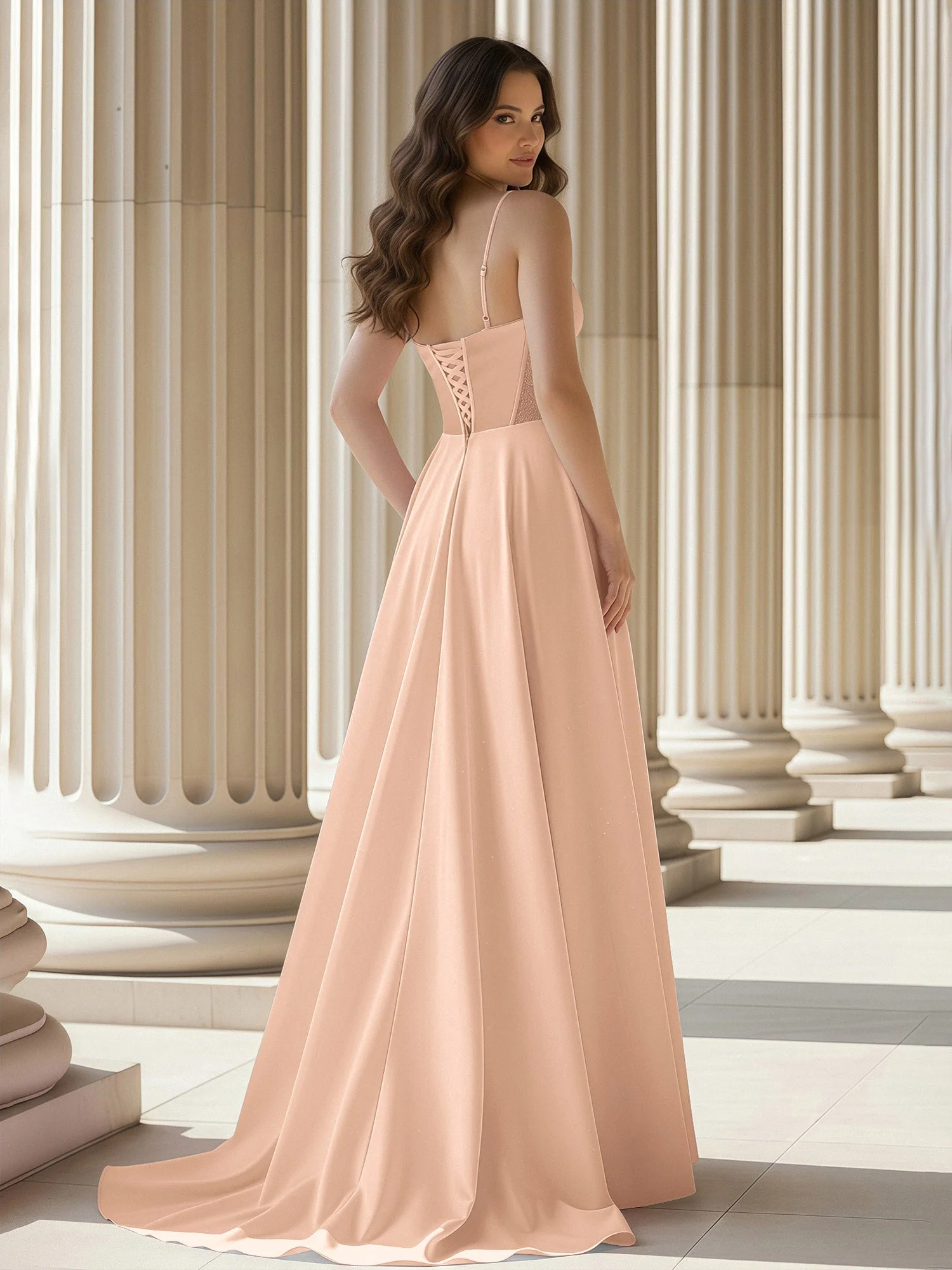 Plissee Herzform Ausschnitt A-Linie Satin Schleppe Kleid Pfirsich - Image 2