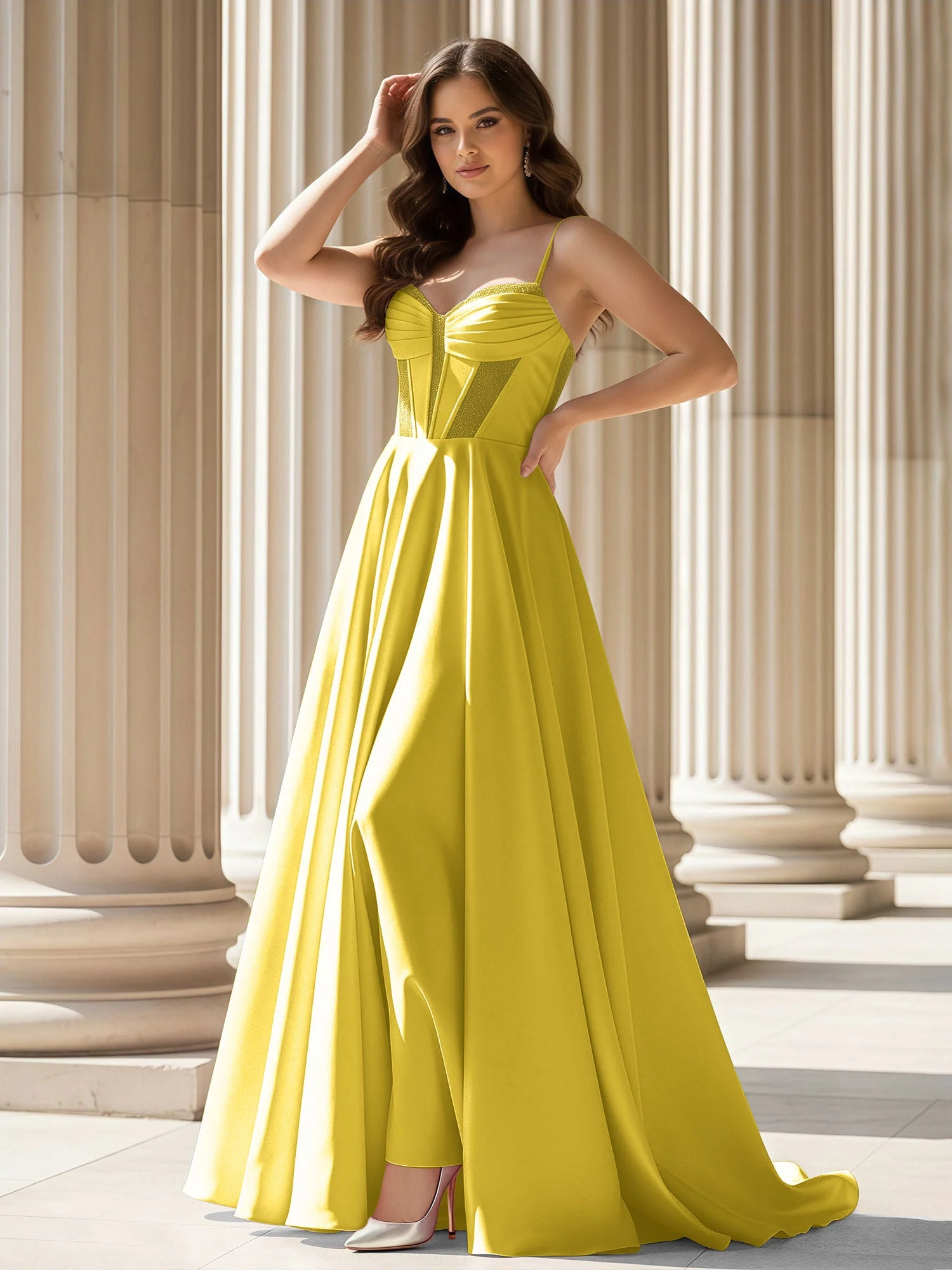 Plissee Herzform Ausschnitt A-Linie Satin Schleppe Kleid Ringelblume